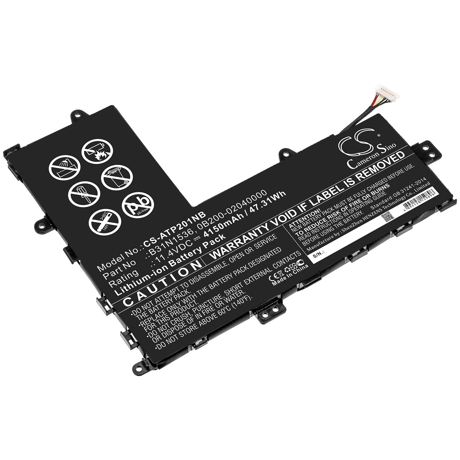Li-ion Battery fits Asus, 0b200-02040000, B31n1536 11.4V, 4150mAh Notebook & Laptop Cameron Sino Technology Limited