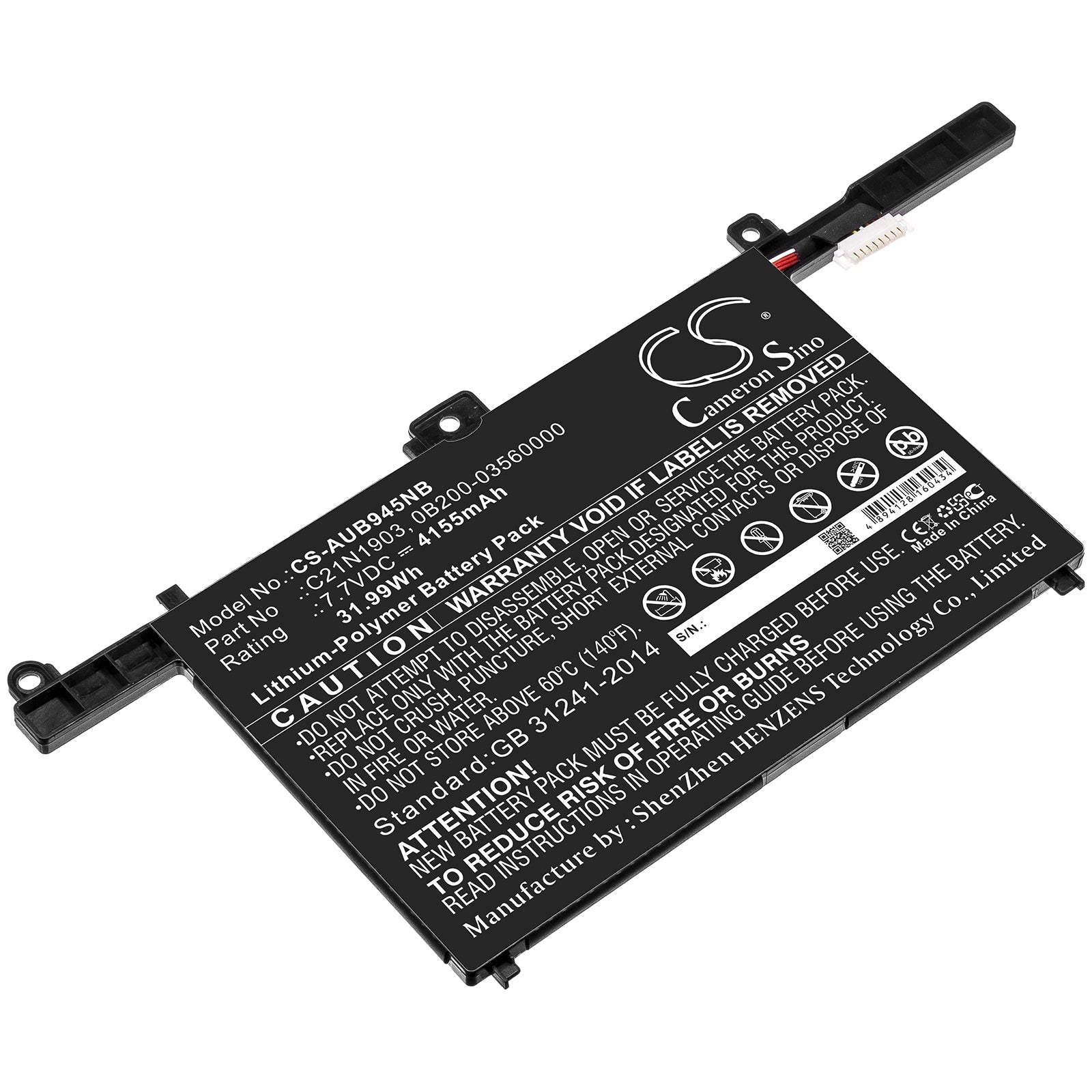 Li-ion Battery fits Asus, 0b200-03560000, C21n1903 7.7V, 4155mAh Notebook & Laptop Cameron Sino Technology Limited