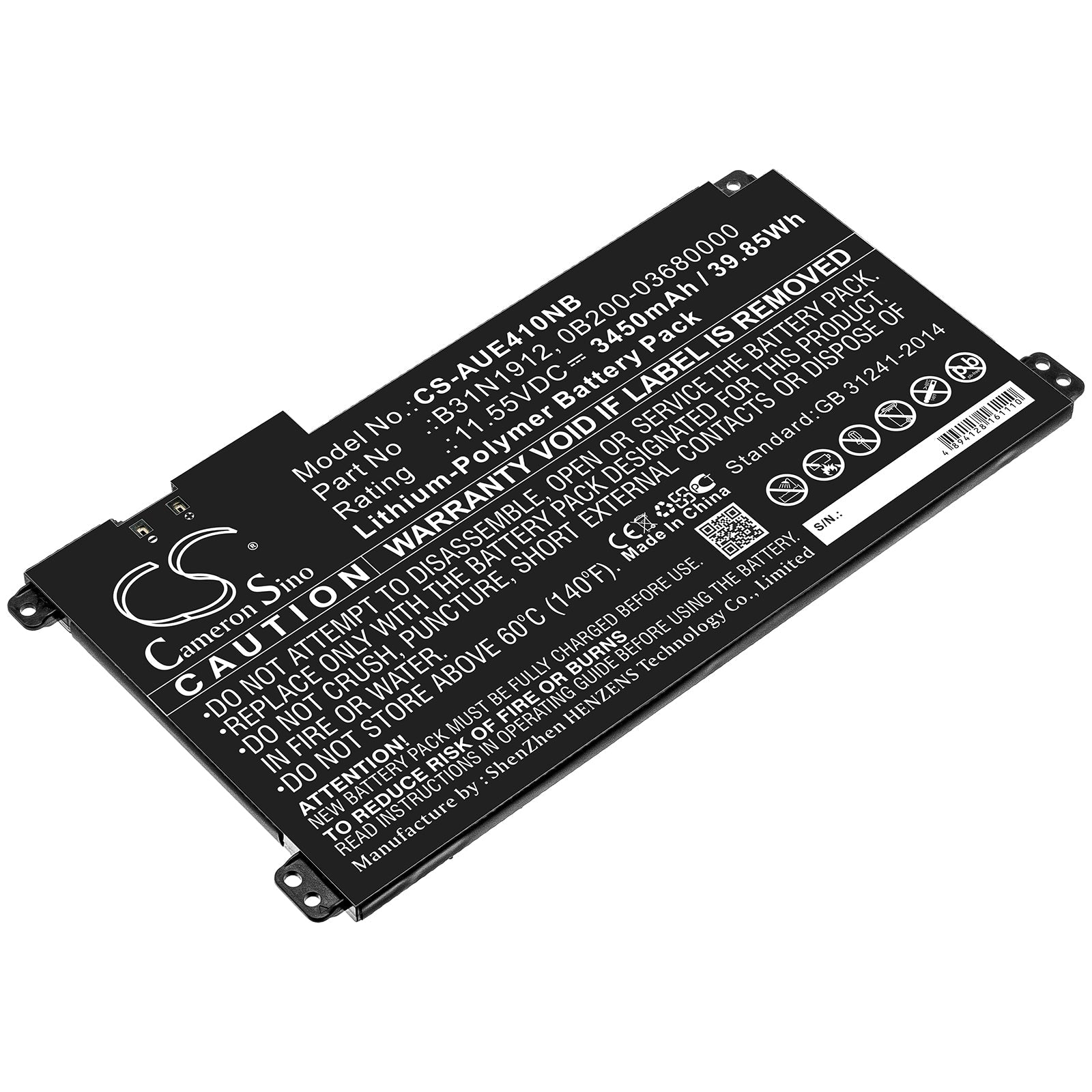 Li-ion Battery fits Asus, 0b200-03680000, B31n1912 11.55V, 3450mAh Notebook & Laptop Cameron Sino Technology Limited