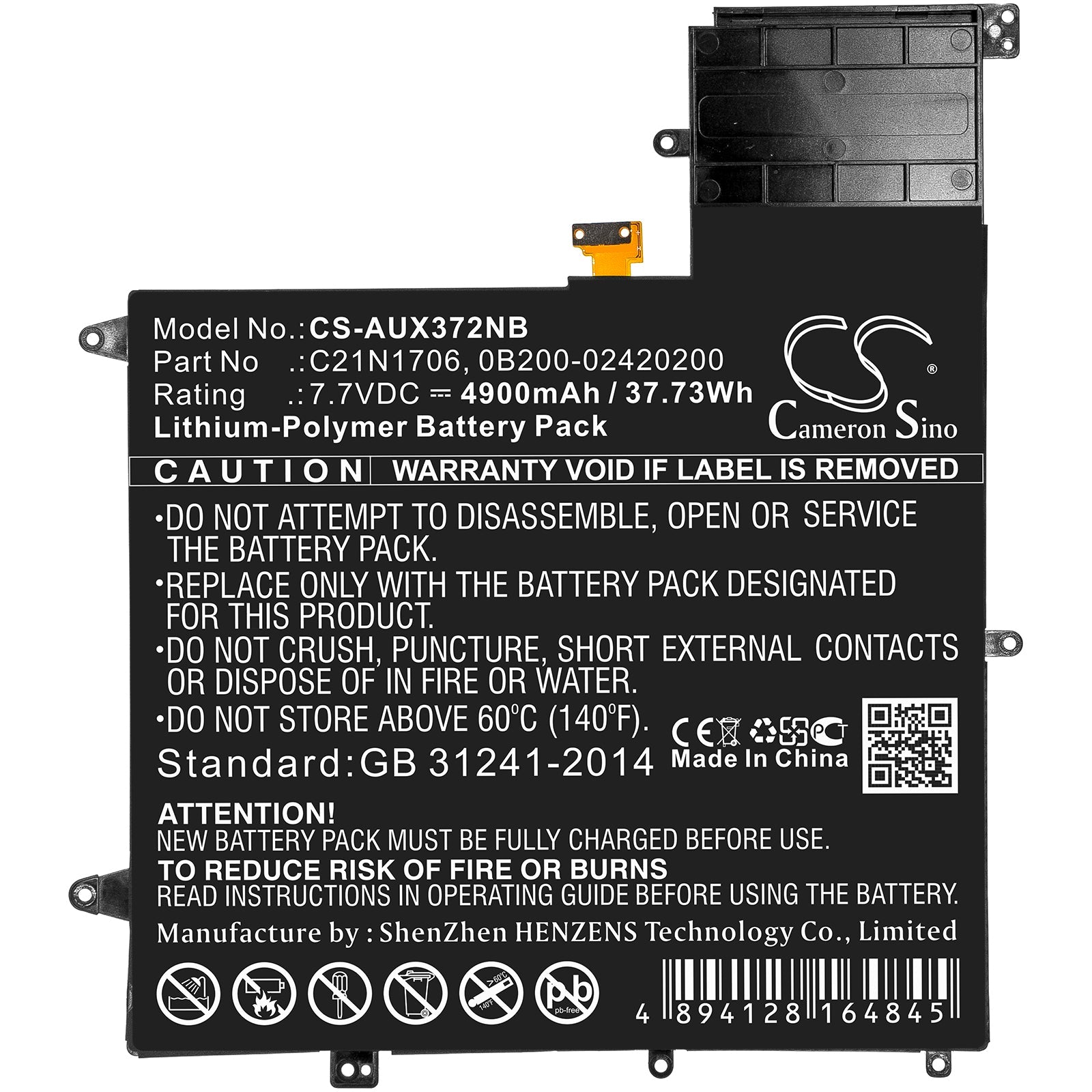 Li-ion Battery fits Asus, Ux370f, Ux370ua-0061a7500u 7.7V, 4900mAh Notebook & Laptop Cameron Sino Technology Limited