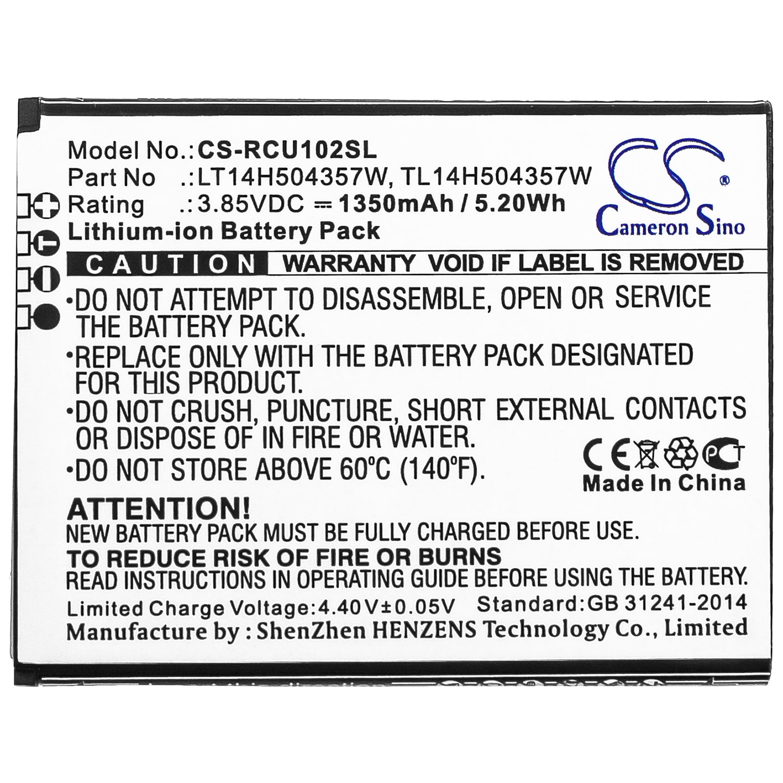 Li-ion Battery fits At&t, Flip Iv, U102aa, Cingular 3.85V, 1350mAh Mobile & SmartPhone Cameron Sino Technology Limited