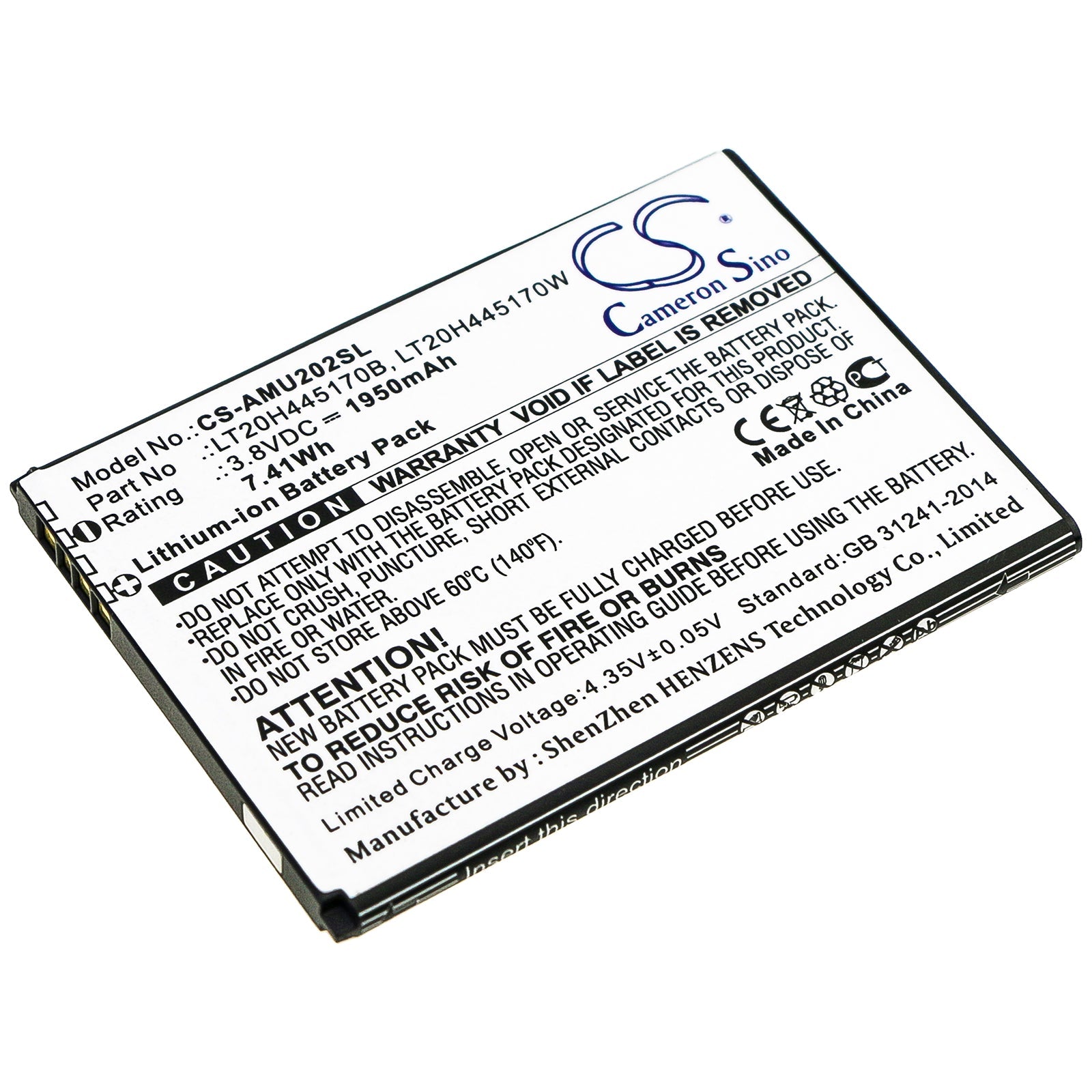 Li-ion Battery fits At&t, Lt20h445170b, Lt20h445170w 3.85V, 1950mAh Mobile & SmartPhone Cameron Sino Technology Limited