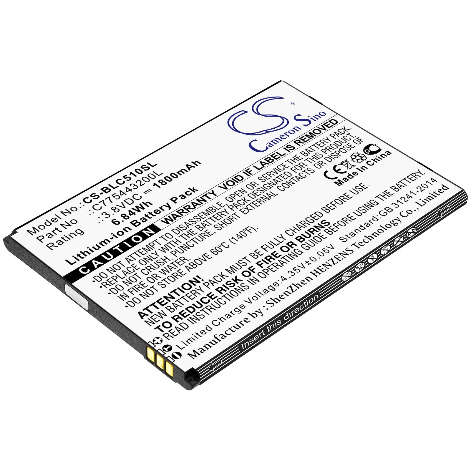 Li-ion Battery fits Blu, C775443200l 3.8V, 1800mAh Mobile & SmartPhone Cameron Sino Technology Limited