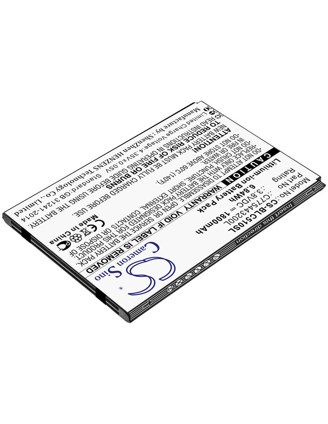 Li-ion Battery fits Blu, C775443200l 3.8V, 1800mAh Mobile & SmartPhone Cameron Sino Technology Limited