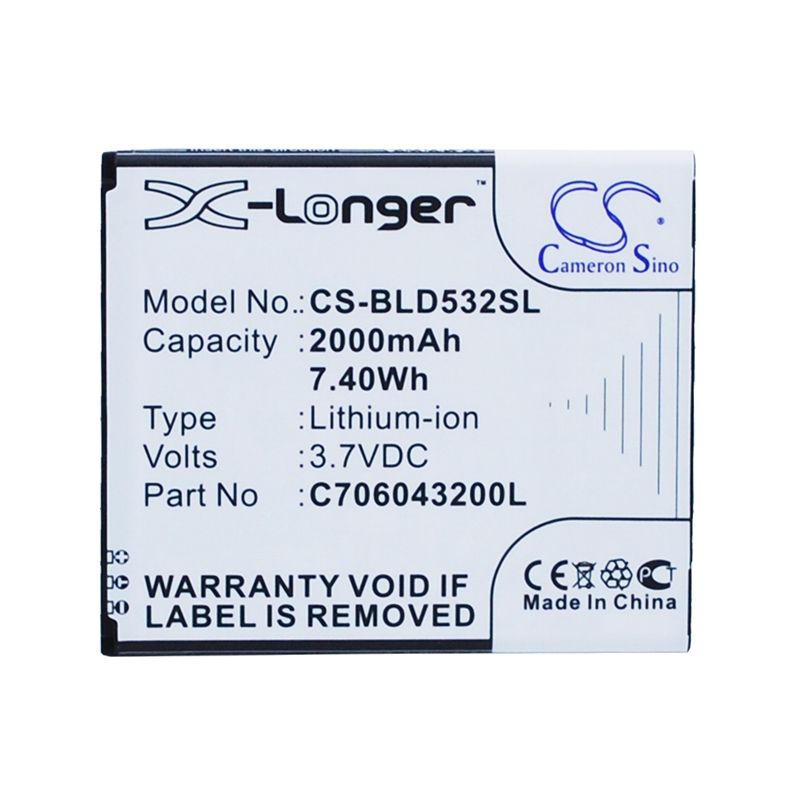 Li-ion Battery Fits Blu, D532, D532u, D534 3.7v, 2000mah Mobile & SmartPhone Cameron Sino Technology Limited