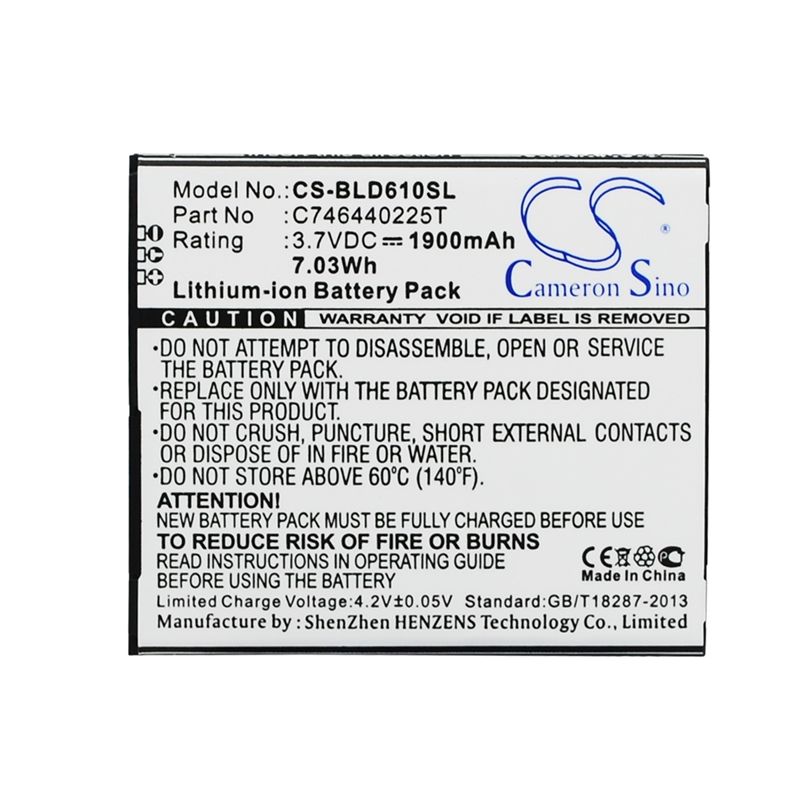 Li-ion Battery fits Blu, d610, d610a, d610i 3.7V, 1900mAh Mobile & SmartPhone Cameron Sino Technology Limited