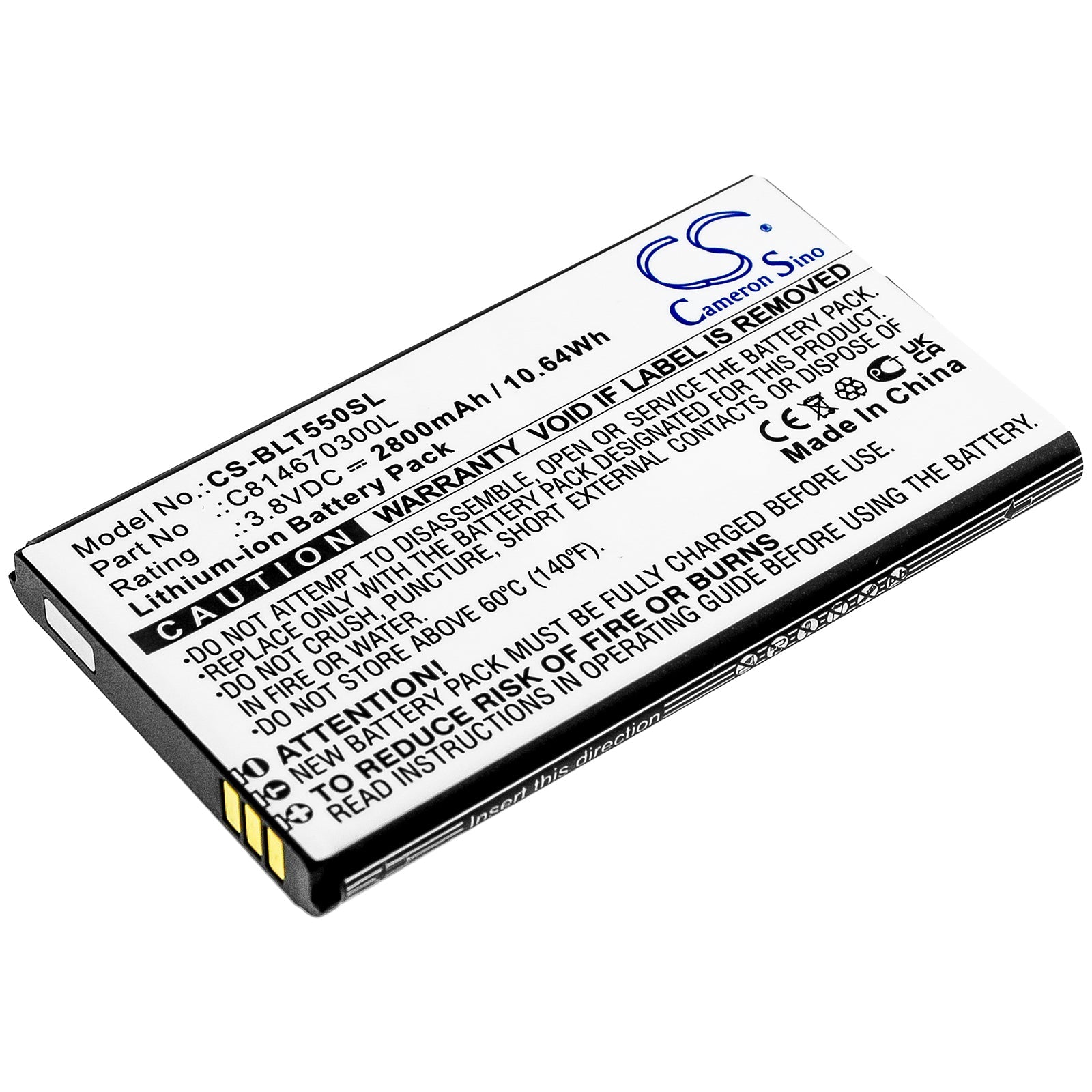 Li-ion Battery fits Blu, T550, Tank 2.4 Torch 3.8V, 2800mAh Mobile & SmartPhone Cameron Sino Technology Limited