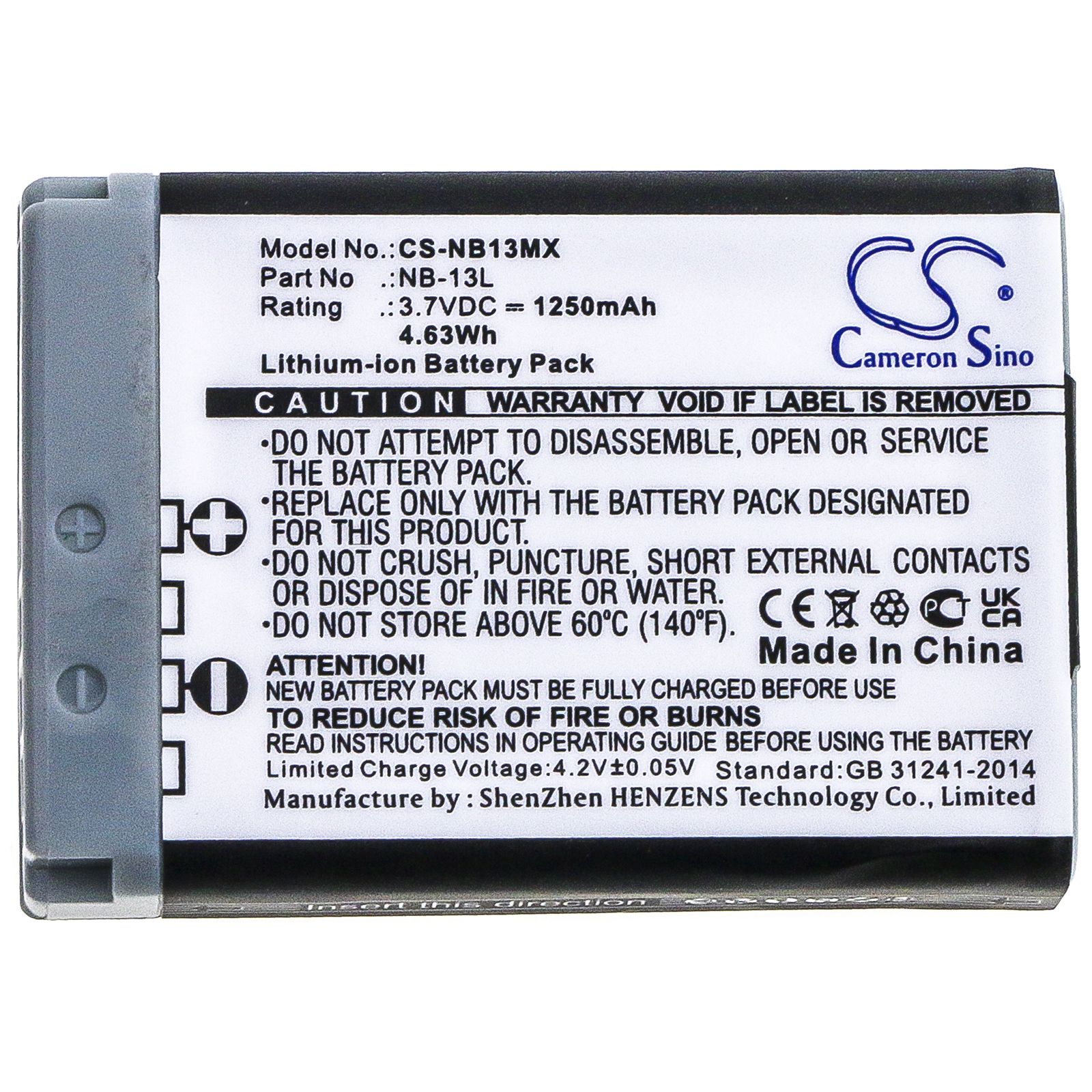 Li-ion Battery fits Canon, Powershot G5x, Powershot G5x M2, Powershot G7x 3.7V, 1250mAh Camera Cameron Sino Technology Limited