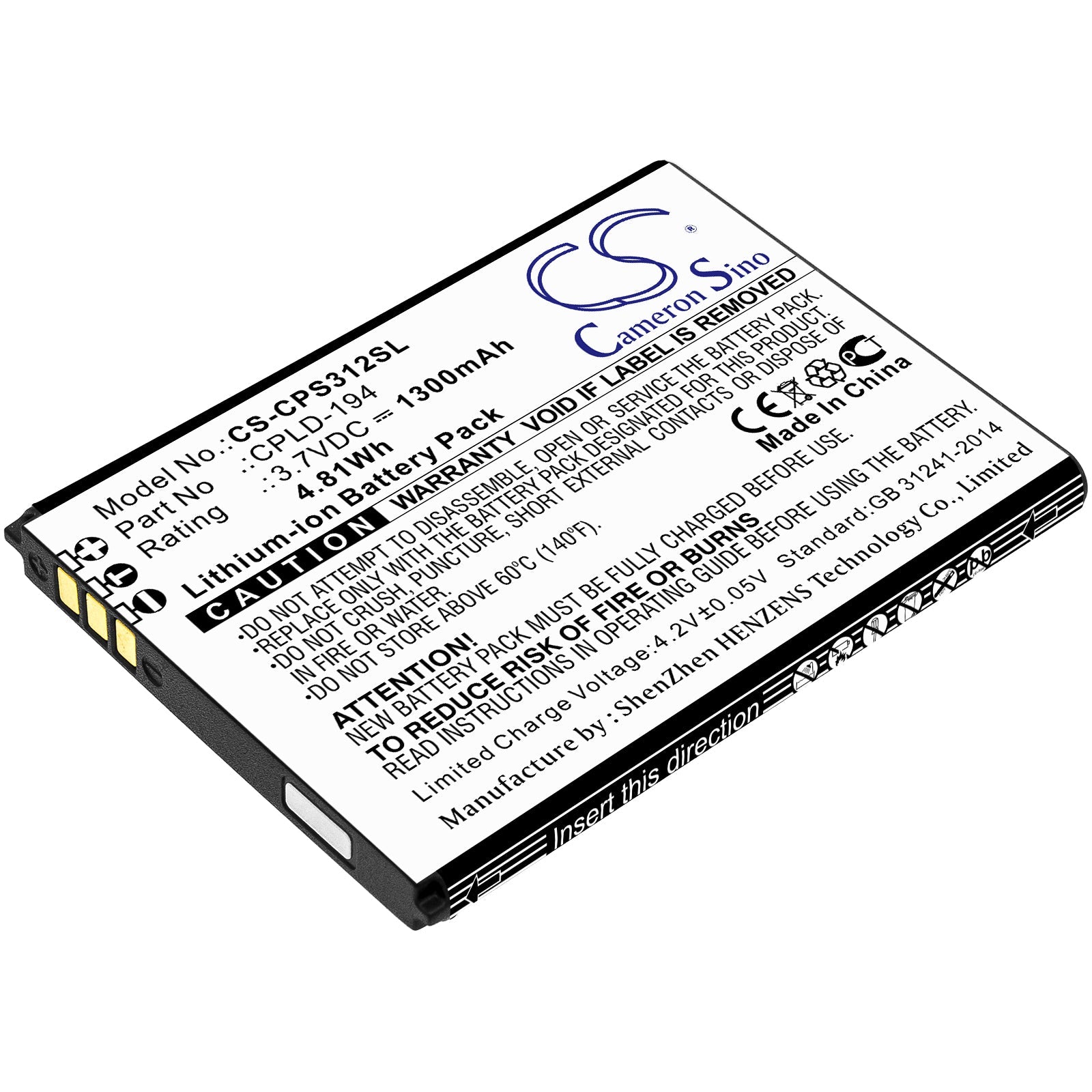 Li-ion Battery fits Coolpad, 3312a, Snap 3.7V, 1300mAh Mobile & SmartPhone Cameron Sino Technology Limited
