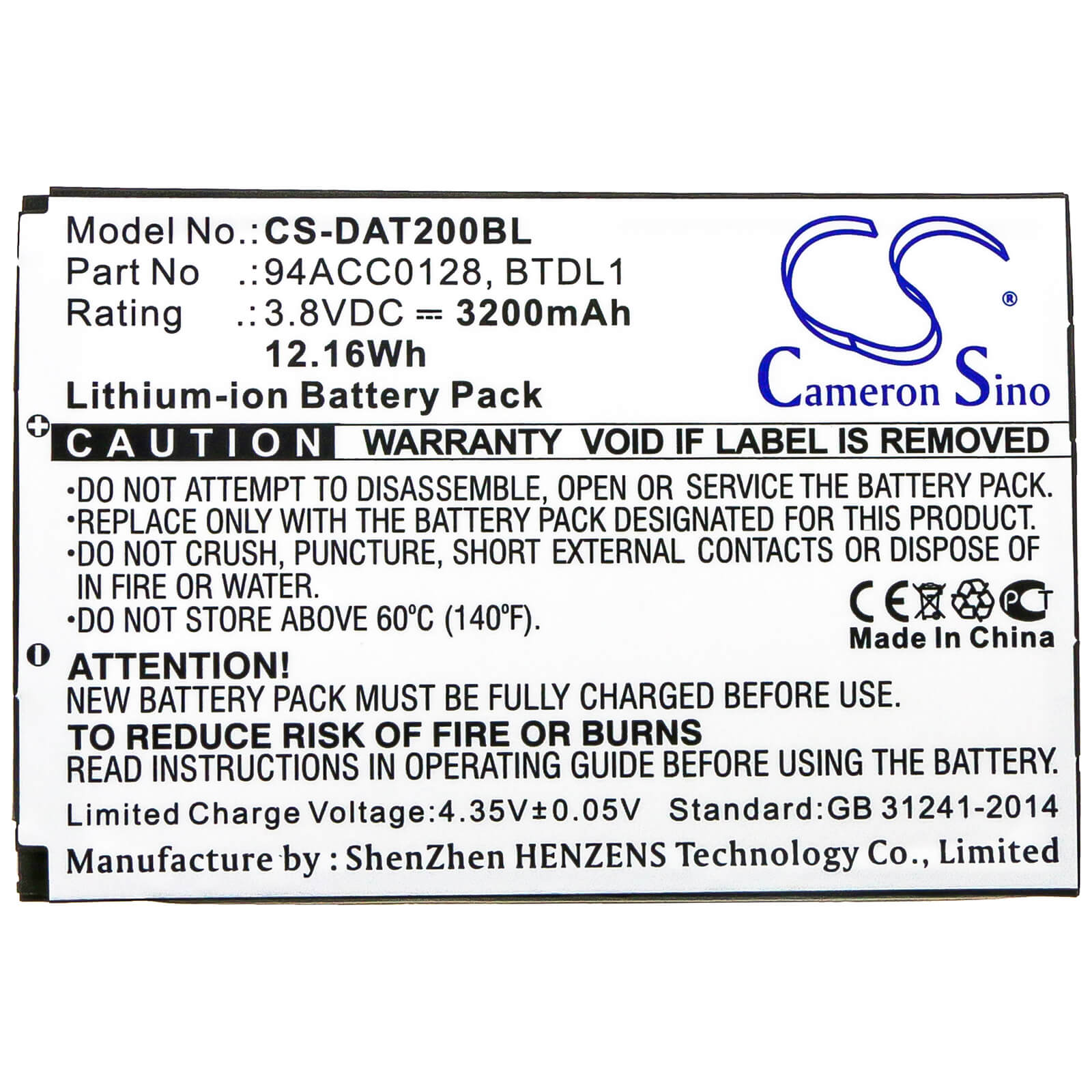Li-ion Battery fits Datalogic, Axist, Dl-axist 3.7V, 3200mAh Barcode Scanner Cameron Sino Technology Limited