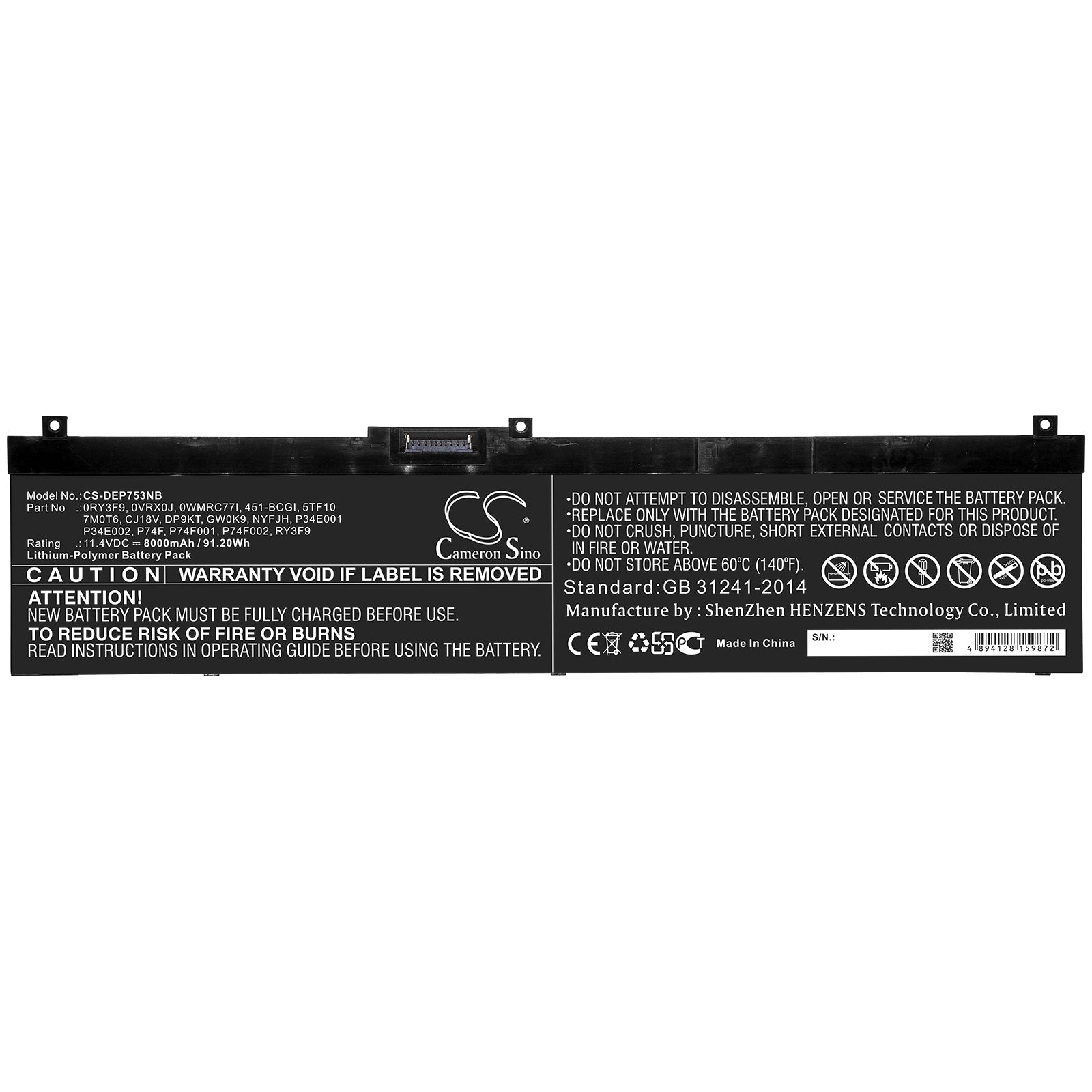 Li-ion Battery fits Dell, 0ry3f9, 0vrx0j, 0wmrc77i, 451-bcgi, 5tf10, 7m0t6, Cj18v, Dp9kt, Gw0k9, Nyfjh, P34e001, P34e002, P74f, Notebook & Laptop Cameron Sino Technology Limited