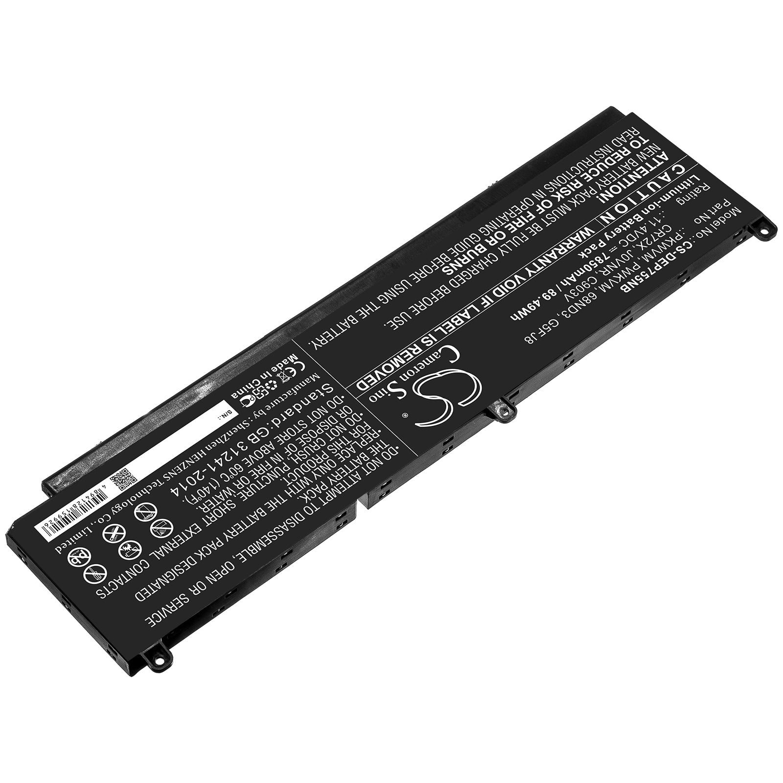 Li-ion Battery fits Dell, 68nd3, C903v, Cr72x, G5fj8, J0vnr, Pkwvm, Pwkvm 11.4V, 7850mAh Notebook & Laptop Cameron Sino Technology Limited