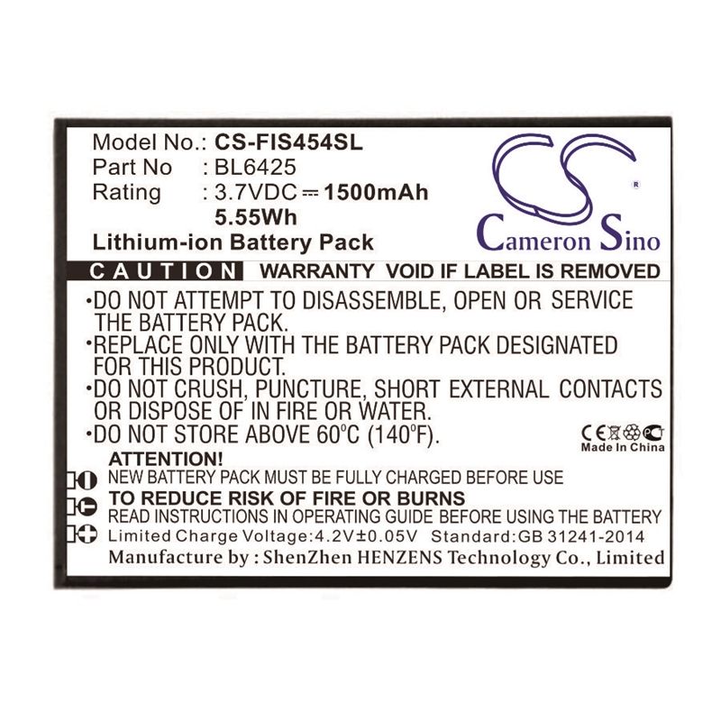 Li-ion Battery fits Fly, fs454, nimbus 8 3.7V, 1500mAh Mobile & SmartPhone Cameron Sino Technology Limited