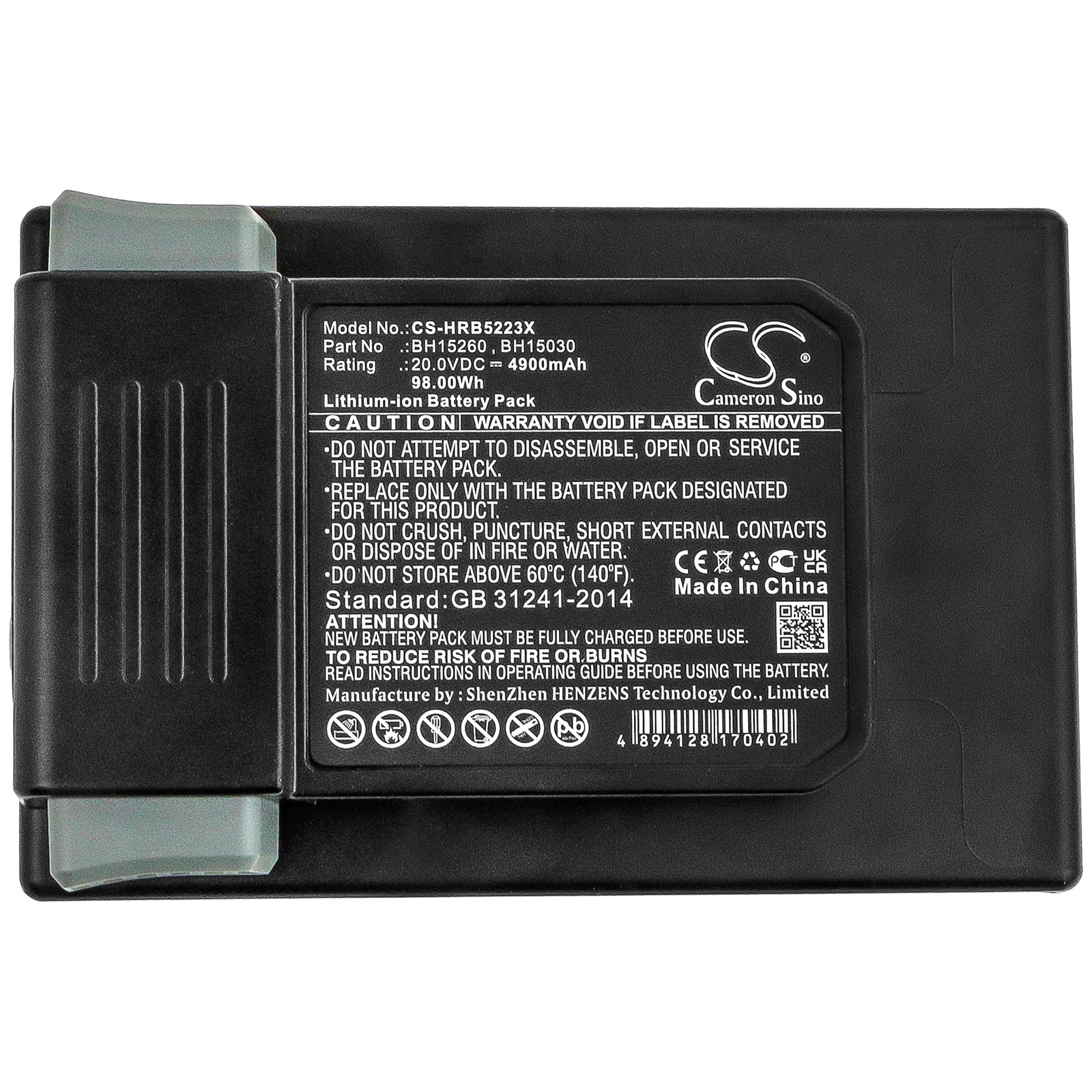 Li-ion Battery fits Hoover, B07q3shzl3, B07q6zhx5r, B07q9mdwqh 20.0V, 4900mAh Vacuum Cameron Sino Technology Limited