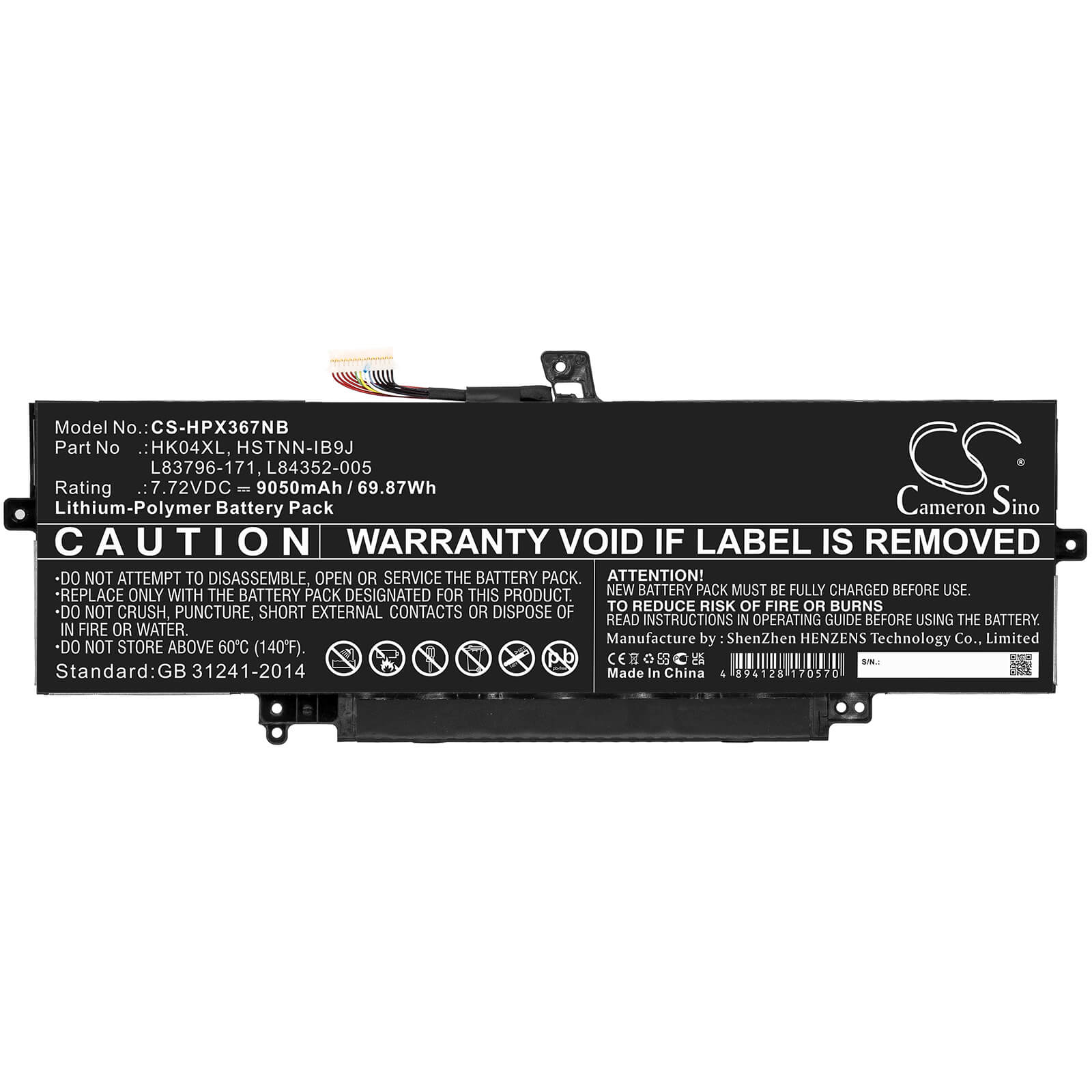 Li-ion Battery fits Hp, Elitebook X360 1040 G7, Elitebook X360 1040 G7 119y7ea 7.72V, 9050mAh Notebook & Laptop Cameron Sino Technology Limited