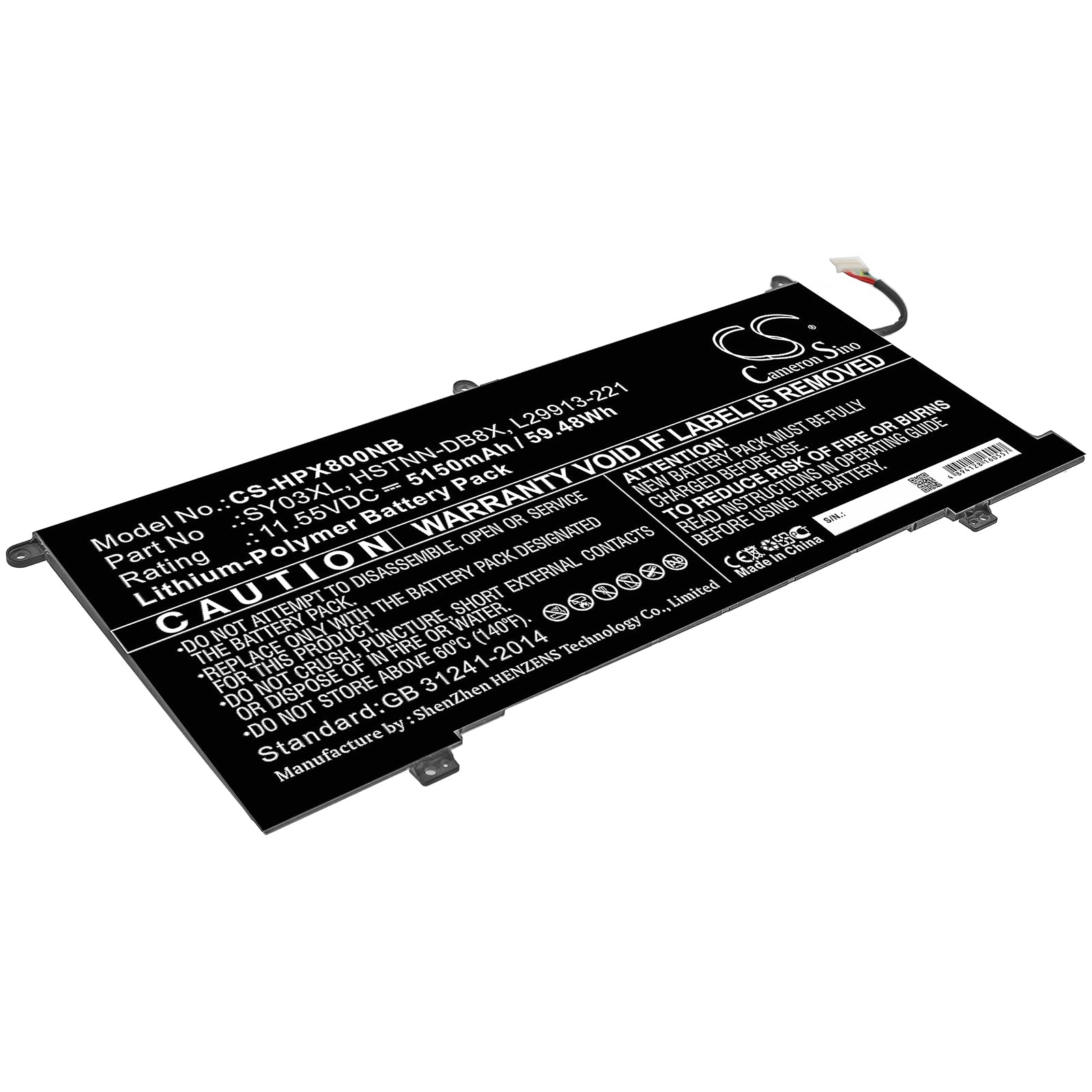 Li-ion Battery fits Hp, Hstnn-db8x, L29913-221, L29913-2c1, L29959-002, L29959-005, Sy03060xl, Sy03xl 11.55V, 5150mAh Notebook & Laptop Cameron Sino Technology Limited