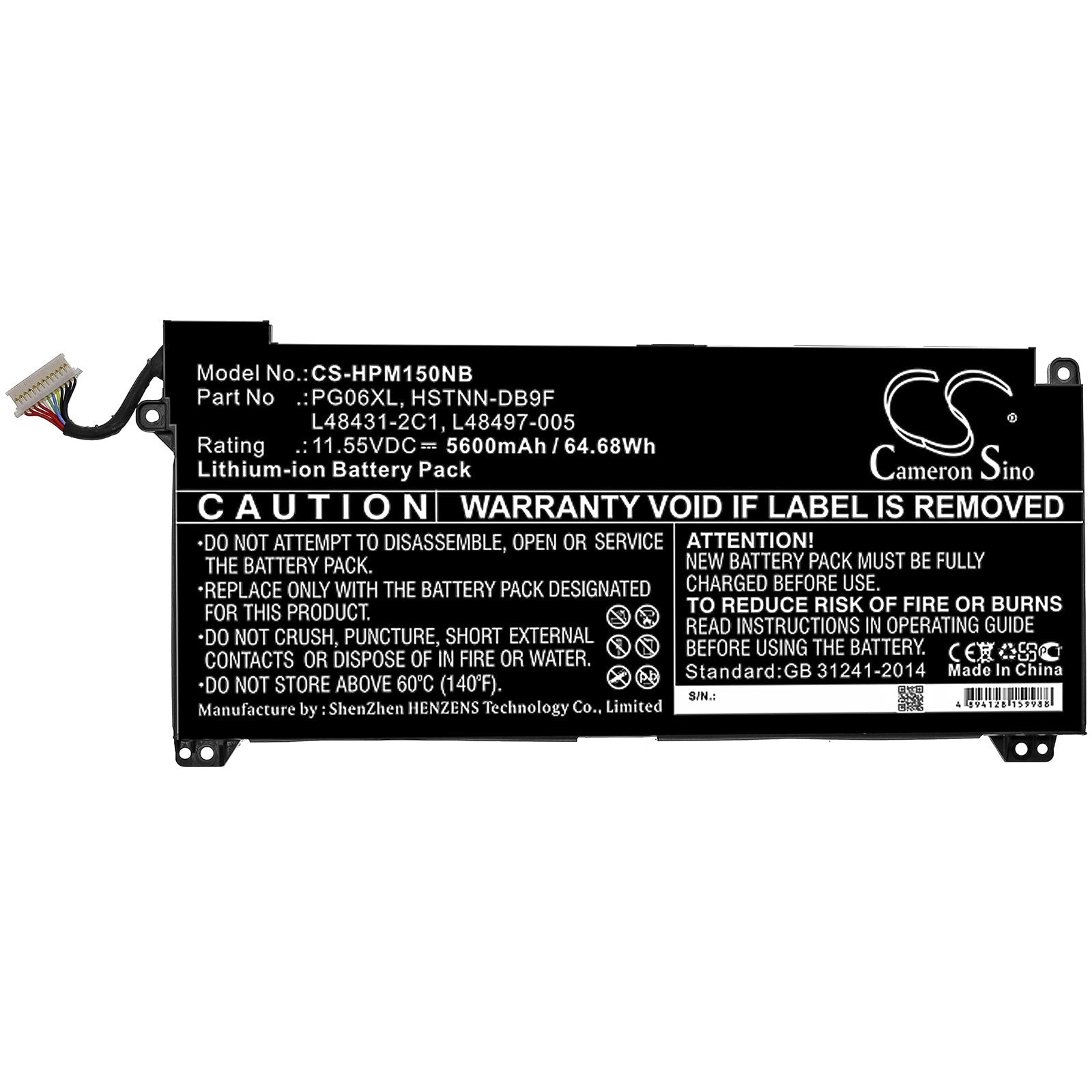 Li-ion Battery fits Hp, Hstnn-db9f, L48431-2c1, L48497-005, Pg06xl 11.55V, 5600mAh Notebook & Laptop Cameron Sino Technology Limited