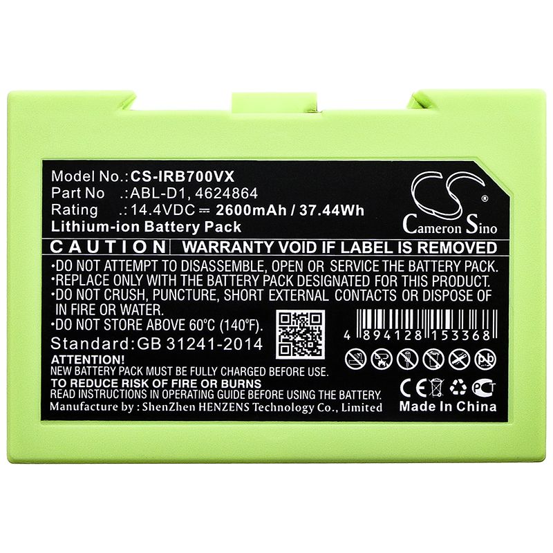 Li-ion Battery fits Irobot, Roomba i7, Roomba i7+ Roomba e5, 14.4V, 2600mAh Vacuum Cameron Sino Technology Limited