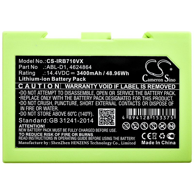 Li-ion Battery fits Irobot, Roomba i7, Roomba i7+ Roomba e5, 14.4V, 3400mAh Vacuum Cameron Sino Technology Limited