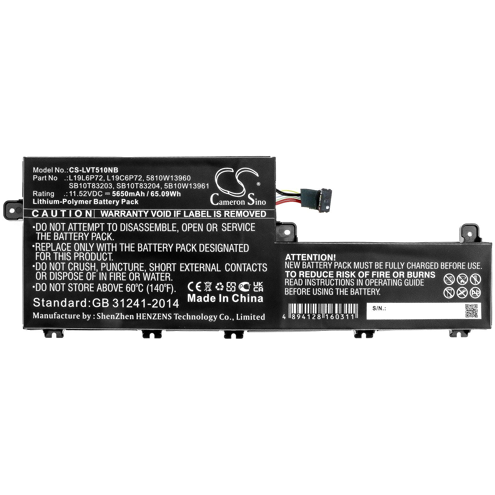 Li-ion Battery fits Lenovo, 5810w13960, 5b10w13961, L19c6p72, L19l6p72, Sb10t83203, Sb10t83204 11.52V, 5650mAh Notebook & Laptop Cameron Sino Technology Limited