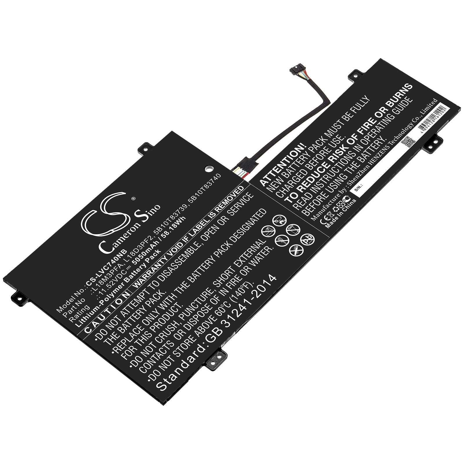 Li-ion Battery fits Lenovo, 5b10t83739, 5b10t83740, L18d3pf2, L18m3pfa 11.52V, 5050mAh Notebook & Laptop Cameron Sino Technology Limited
