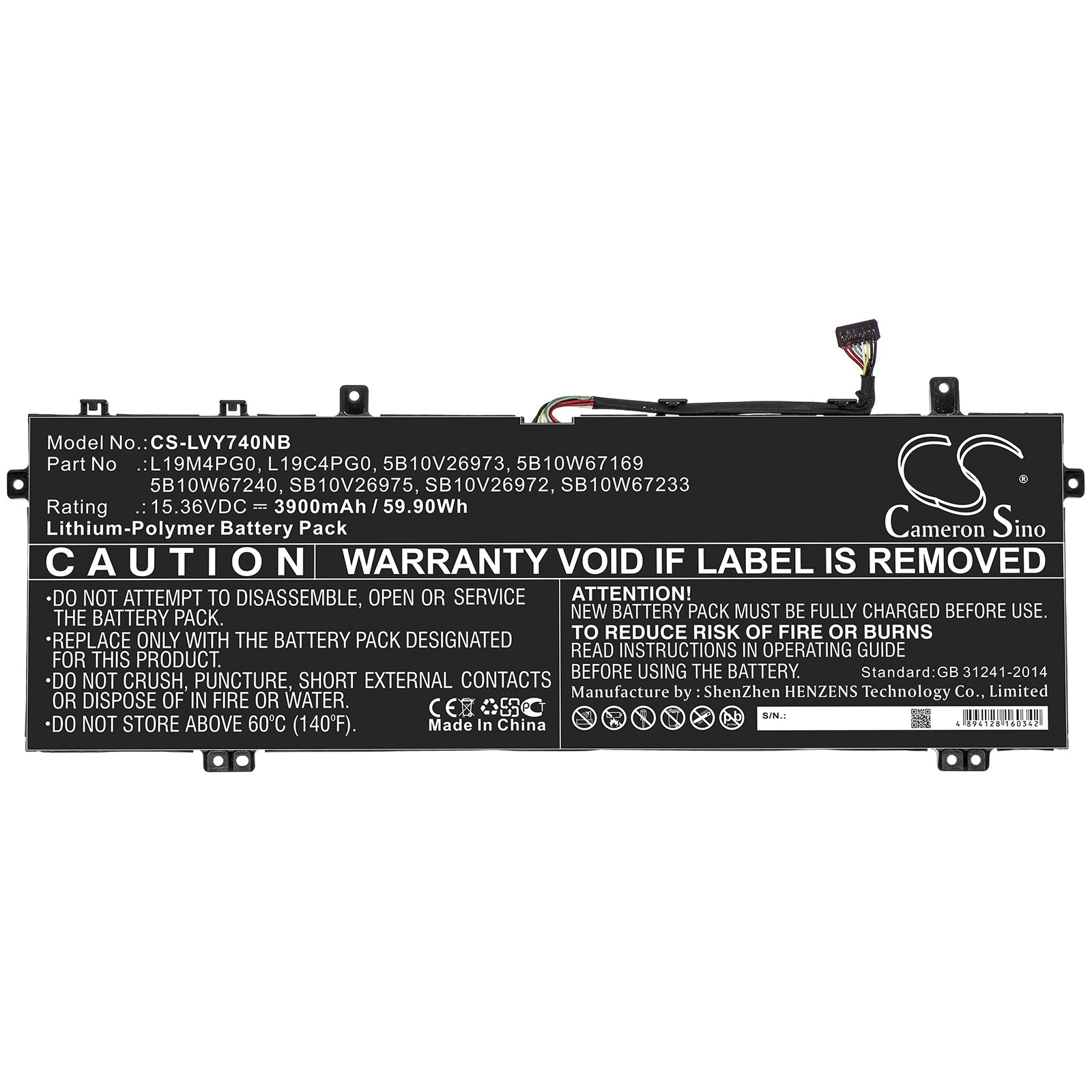 Li-ion Battery fits Lenovo, 5b10v26973, 5b10w67169, 5b10w67240, L19c4pg0, L19m4pg0, Sb10v26972, Sb10v26975, Sb10w67233 15.36V, 3 Notebook & Laptop Cameron Sino Technology Limited