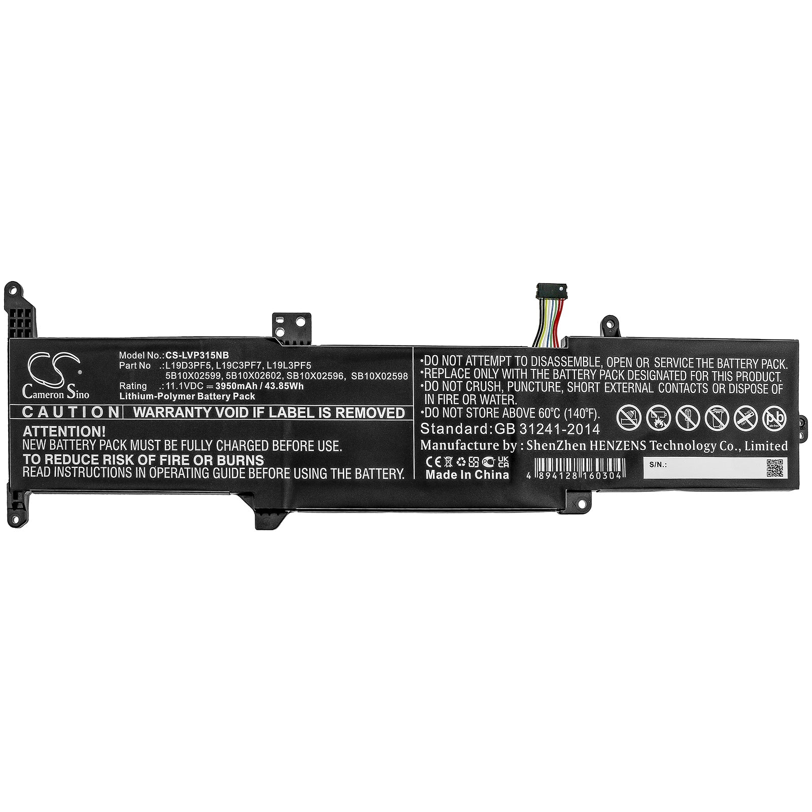 Li-ion Battery fits Lenovo, 5b10x02599, 5b10x02602, L19c3pf7, L19d3pf5, L19l3pf5, Sb10x02596, Sb10x02598 11.1V, 3950mAh Notebook & Laptop Cameron Sino Technology Limited