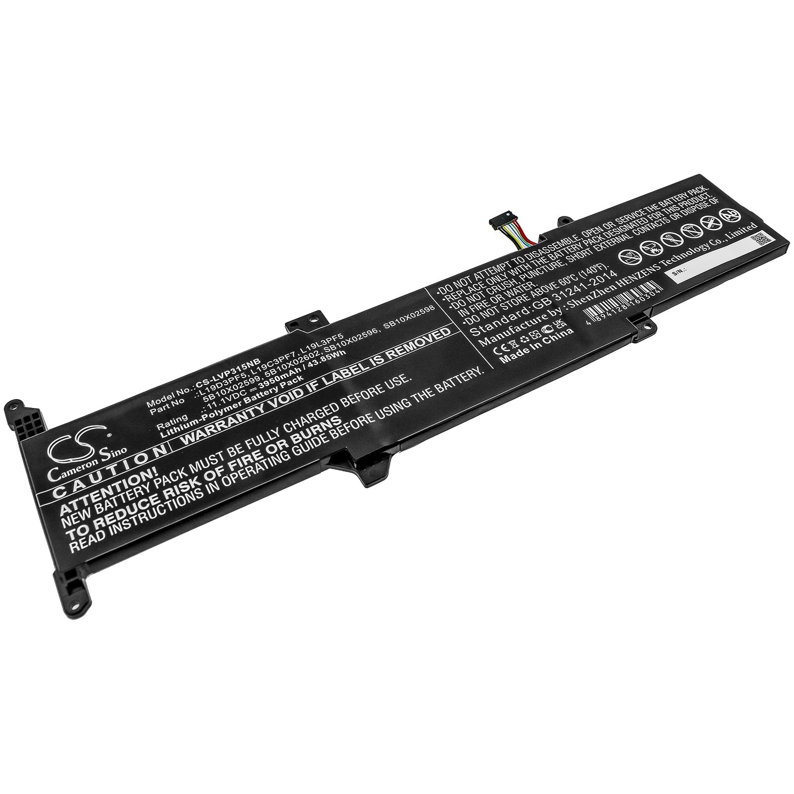 Li-ion Battery fits Lenovo, 5b10x02599, 5b10x02602, L19c3pf7, L19d3pf5, L19l3pf5, Sb10x02596, Sb10x02598 11.1V, 3950mAh Notebook & Laptop Cameron Sino Technology Limited