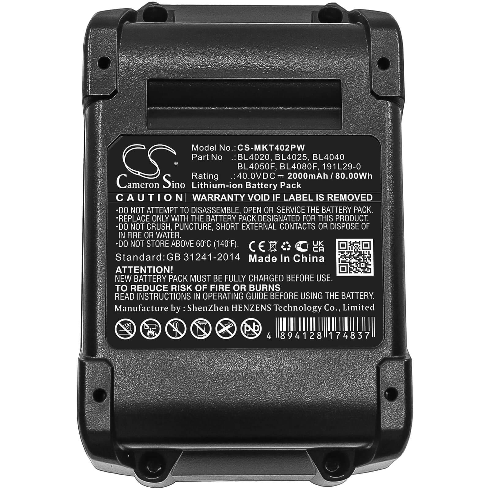 Li-ion Battery fits Makita, 40v Max Xgt, Cf001g 40.0V, 2000mAh / 80.00Wh Power Tools Cameron Sino Technology Limited