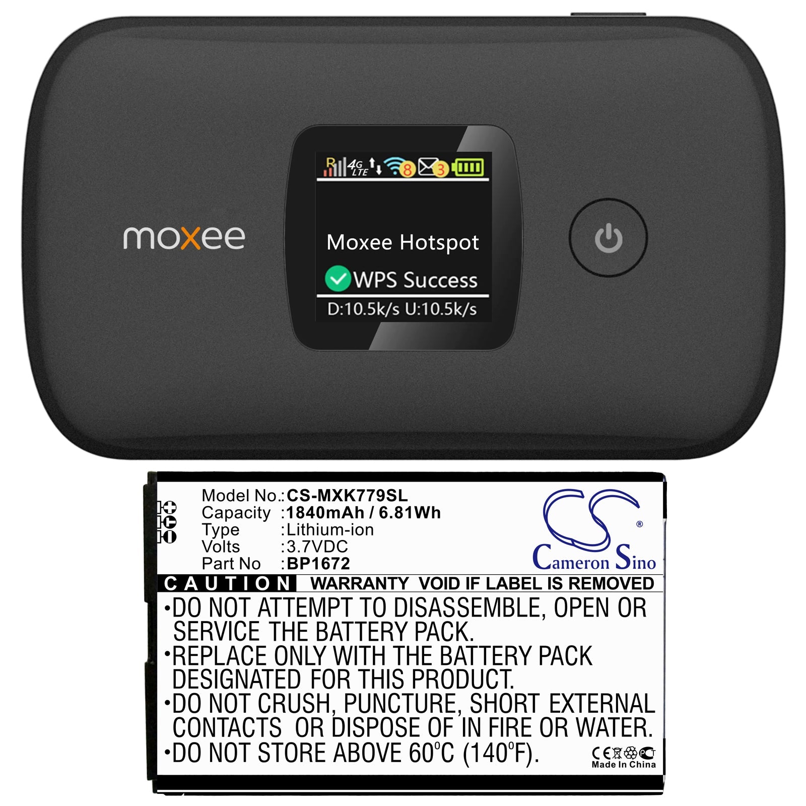 Li-ion Battery fits Moxee, K779, K779hsdg_p 3.7V, 1840mAh Hotspot Cameron Sino Technology Limited