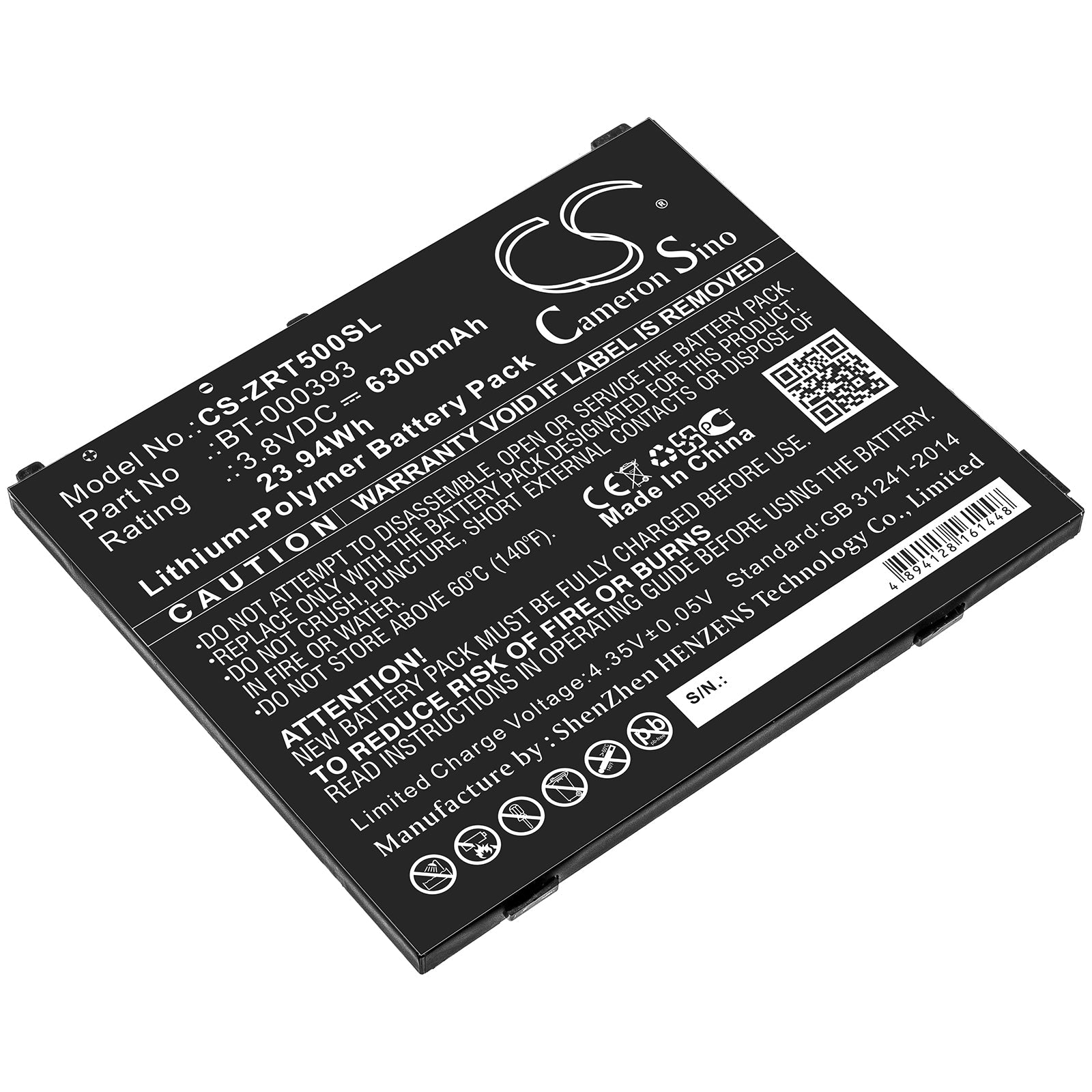 Li-ion Battery fits Zebra, Bt-000393 3.8V, 6300mAh Tablet Cameron Sino Technology Limited
