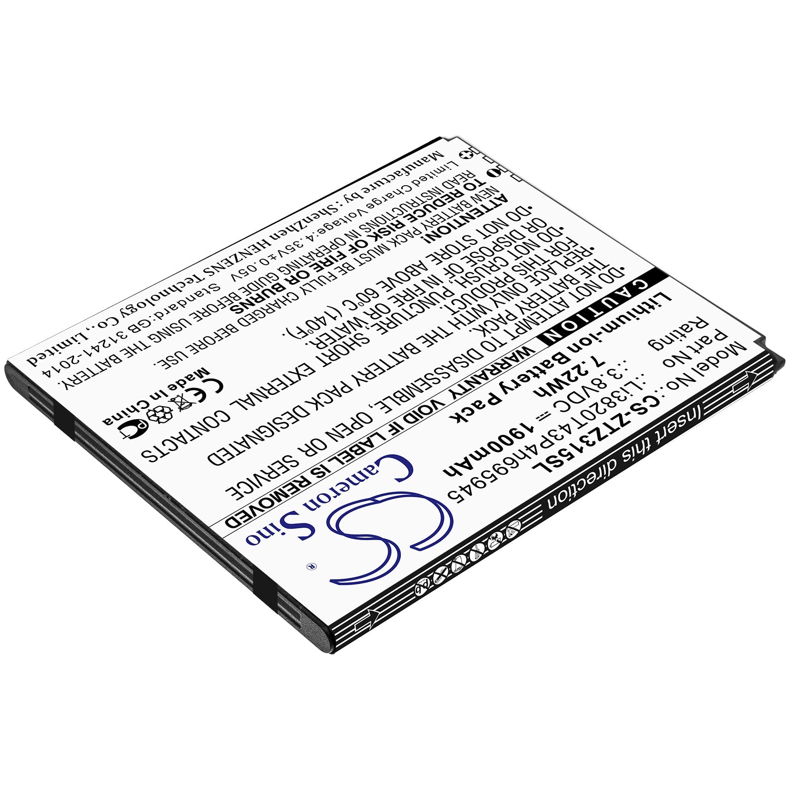 Li-ion Battery fits Zte, Li3820t43p4h695945 3.8V, 1900mAh Mobile & SmartPhone Cameron Sino Technology Limited