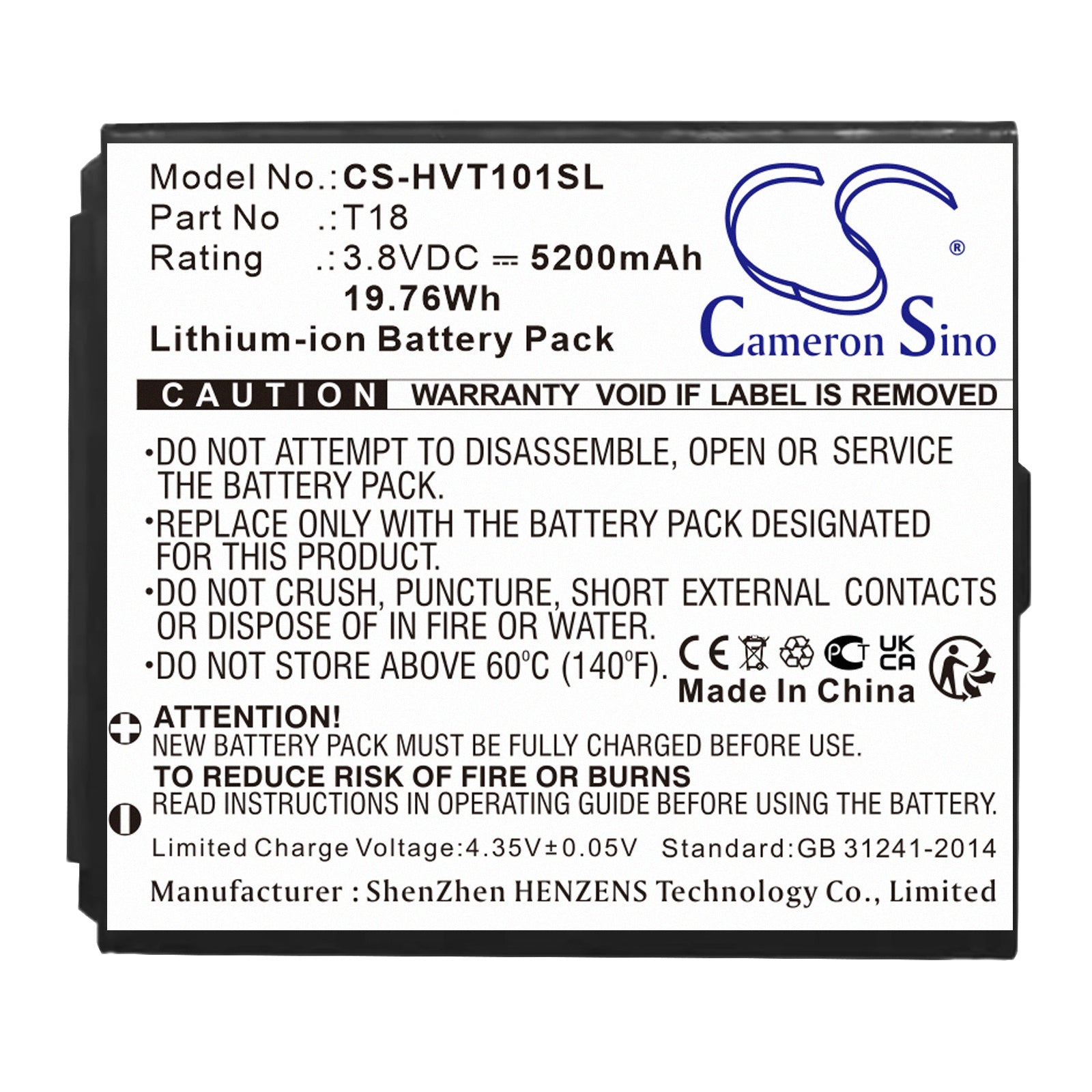 Li-ion, Home Security Camera Battery fits Hikvision Ds-mdt101/gle, 3.8V, 5200mAh Home Security Camera Cameron Sino Technology Limited