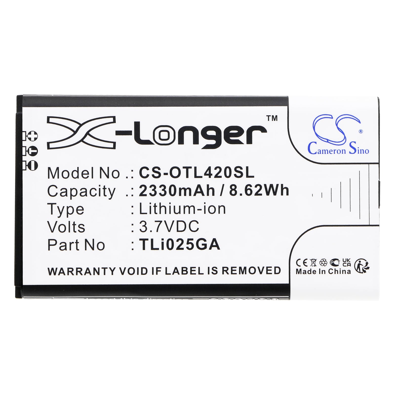 Li-ion, Hotspot Battery fits Alcatel Link Zone, Mw42lm, 3.7V, 2330mAh Hotspot Cameron Sino Technology Limited