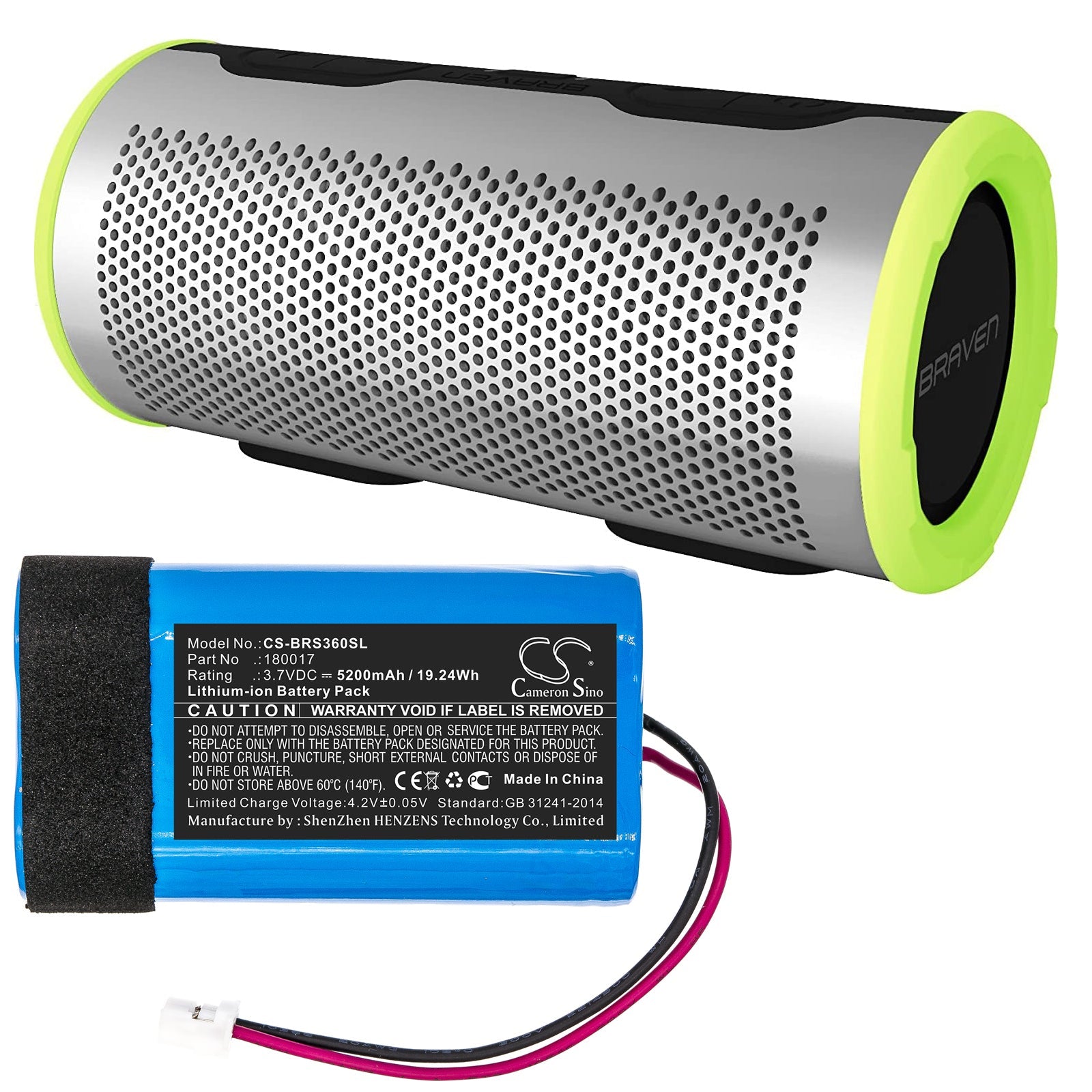 Li-ion Speaker Battery fits Braven, Stryde 360 3.7V, 5200mAh Speaker Cameron Sino Technology Limited
