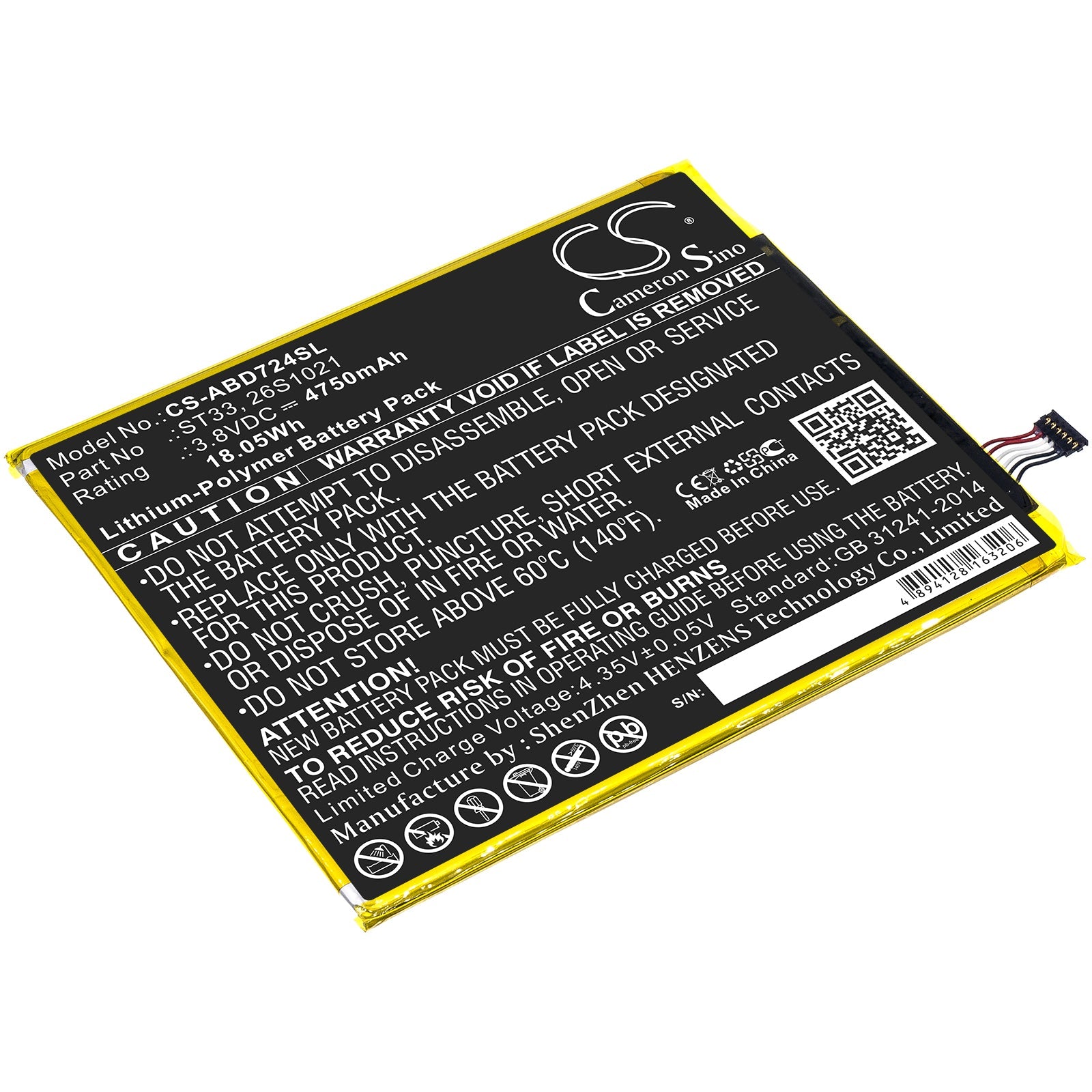 Li-Polymer Battery fits Amazon, K72ll3, K72ll4 3.8V, 4750mAh Tablet Cameron Sino Technology Limited