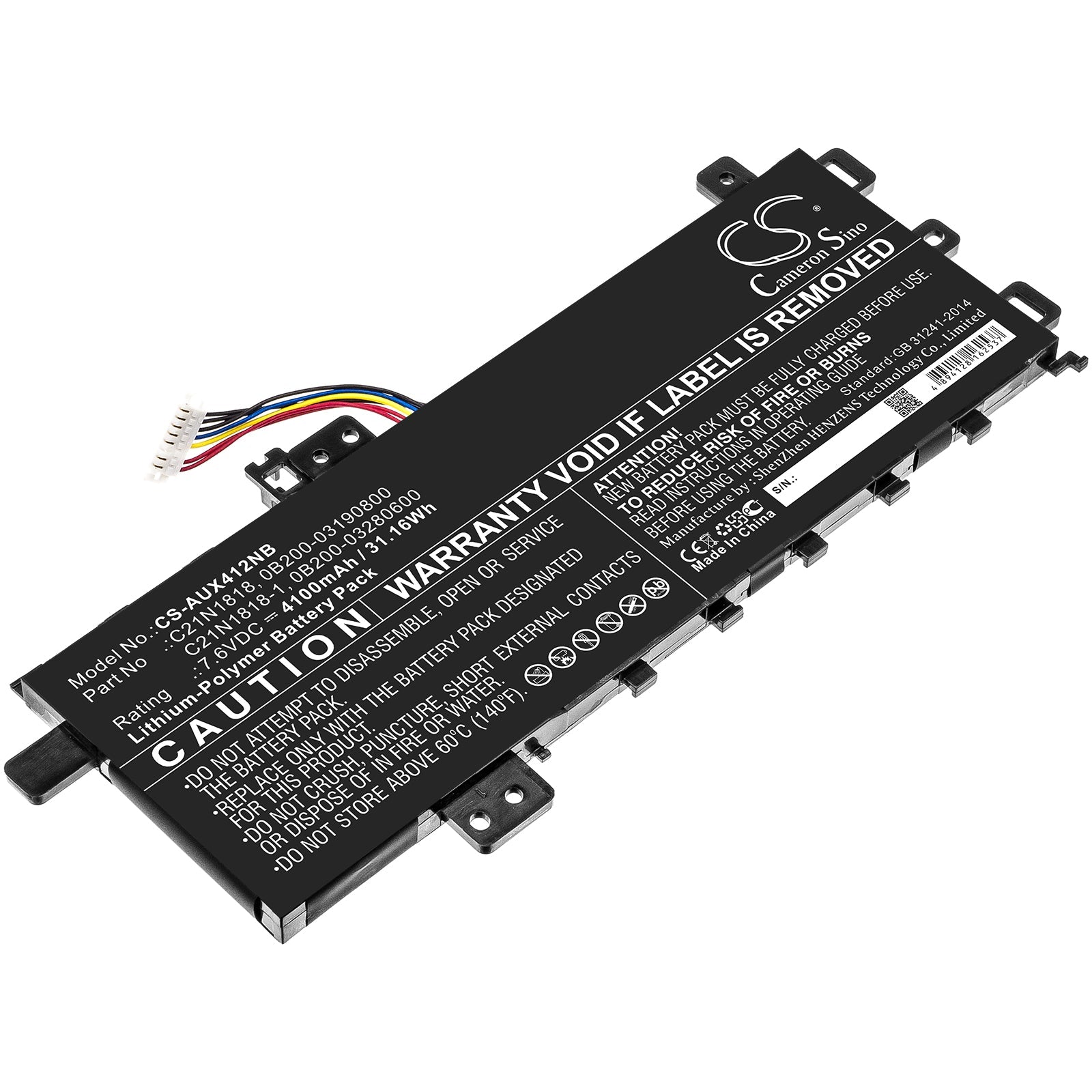 Li-Polymer Battery fits Asus, A412fa, A412ua 7.6V, 4100mAh Notebook & Laptop Cameron Sino Technology Limited