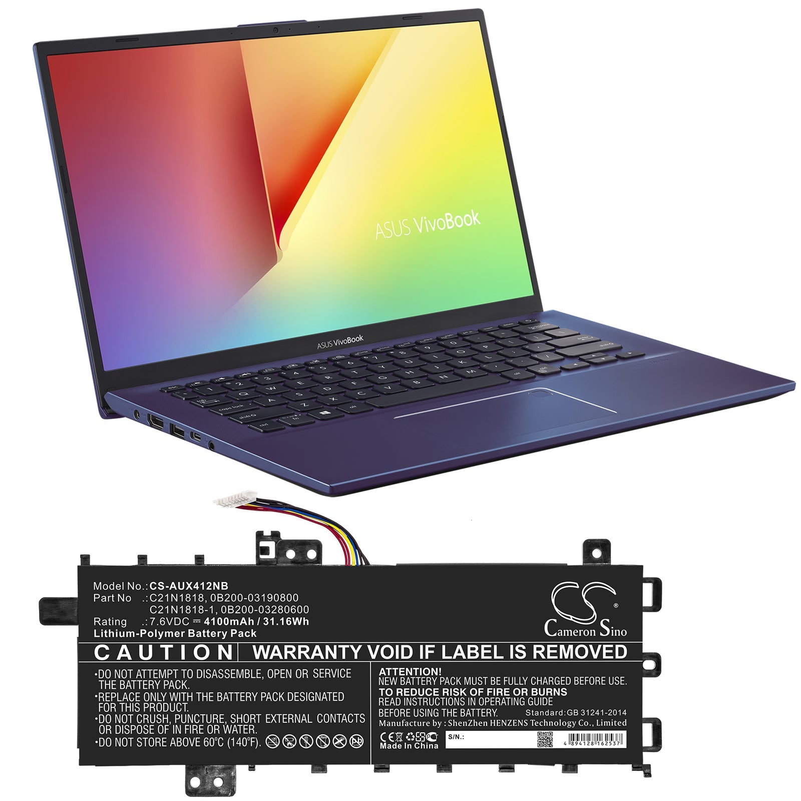 Li-Polymer Battery fits Asus, A412fa, A412ua 7.6V, 4100mAh Notebook & Laptop Cameron Sino Technology Limited