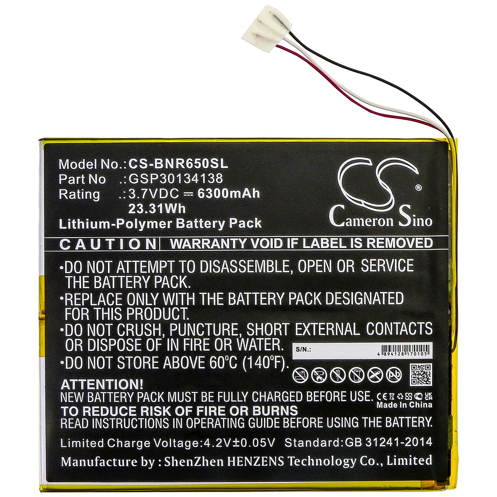 Li-Polymer Battery fits Barnes & Noble, Bntv650, Nook 10.1 3.8V, 6300mAh Tablet Cameron Sino Technology Limited