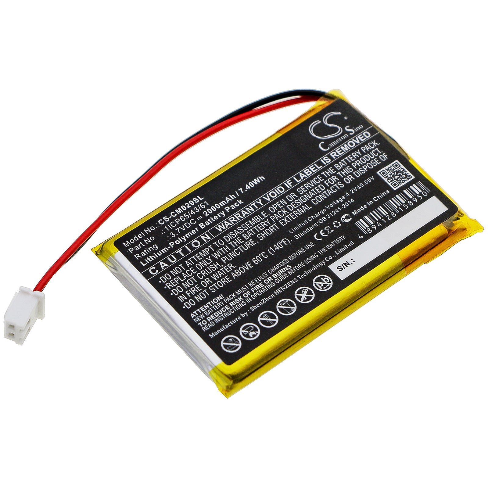 Li-Polymer Battery fits Custom Battery Pack, 1icp65/43/61 3.7V, 2000mAh Battery Pack Cameron Sino Technology Limited