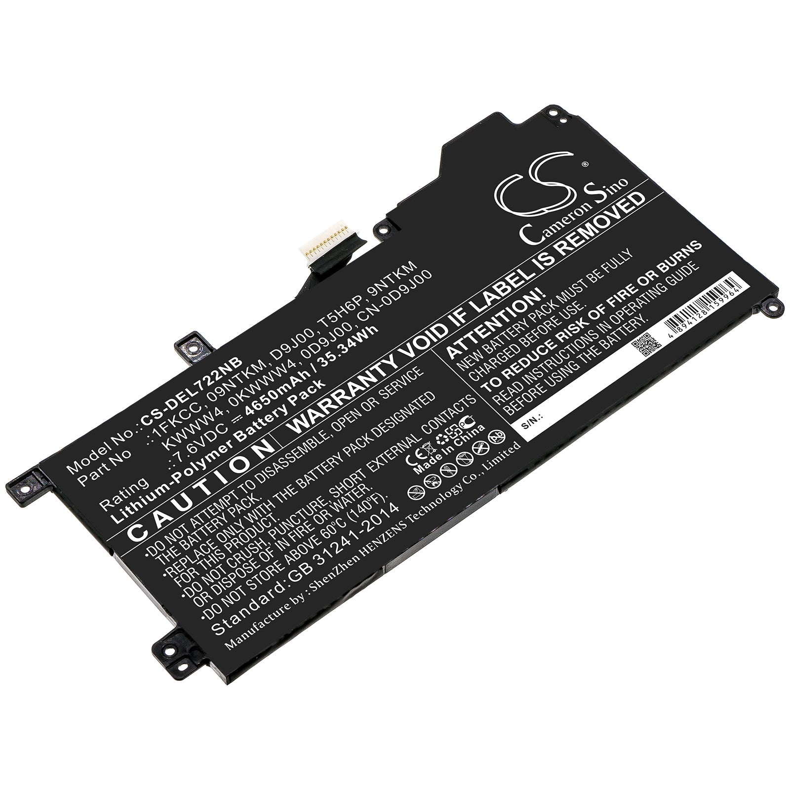 Li-Polymer Battery fits Dell, 09ntkm, 0d9j00, 0kwww4, 1fkcc, 9ntkm, Cn-0d9j00, D9j00, Kwww4, T5h6p 7.6V, 4650mAh Notebook & Laptop Cameron Sino Technology Limited