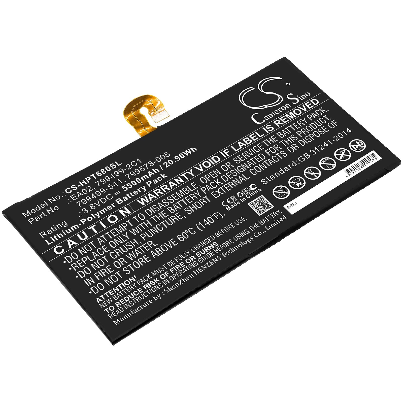 Li-Polymer Battery fits Hp, 799499-2c1, 799499-541, 799578-005, Ea02 3.8V, 5500mAh Computer Cameron Sino Technology Limited (Suspended)