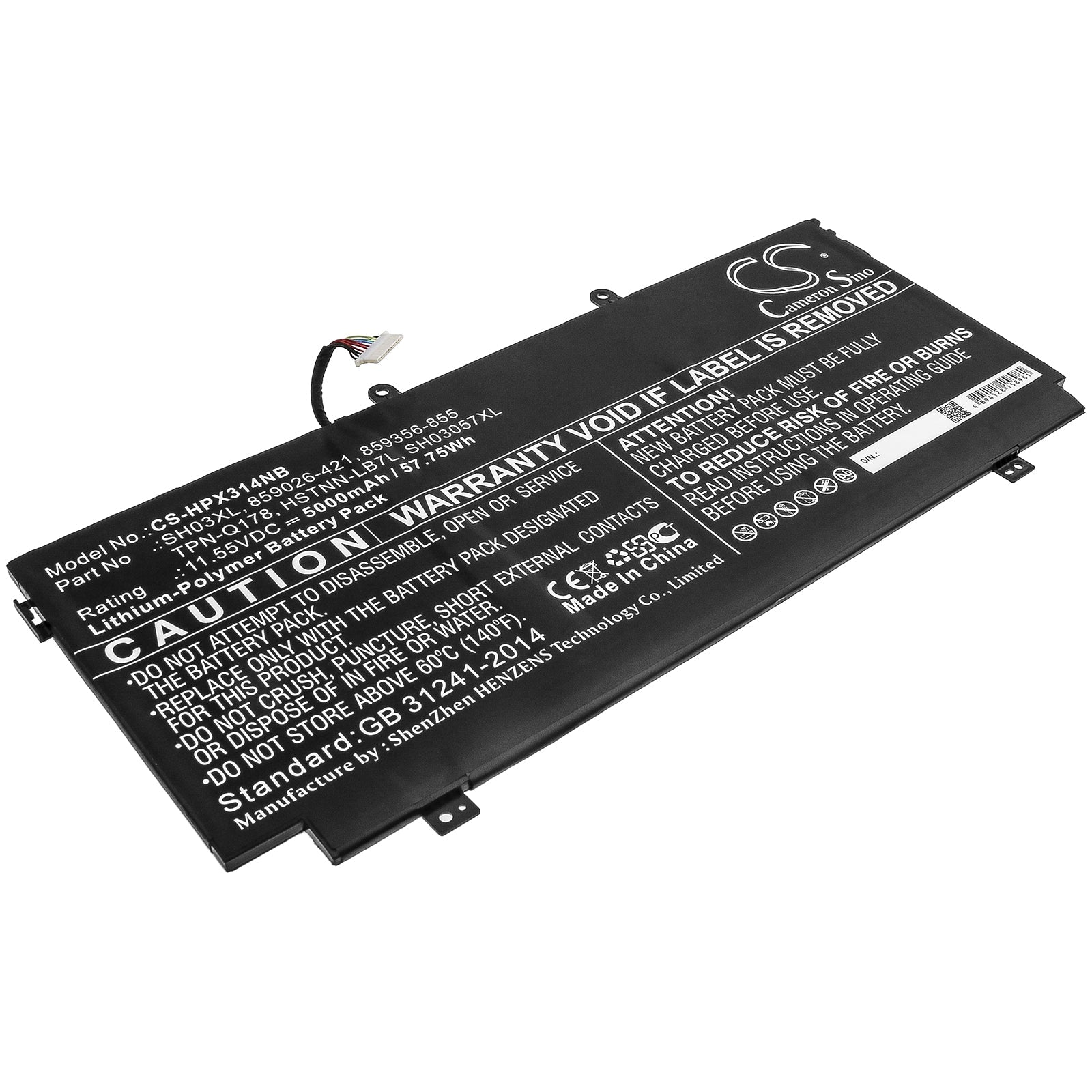Li-Polymer Battery fits Hp, 859026-421, 859356-855, Hstnn-lb7l, Sh03057xl, Sh03xl, Tpn-q178 11.55V, 5000mAh Notebook & Laptop Cameron Sino Technology Limited