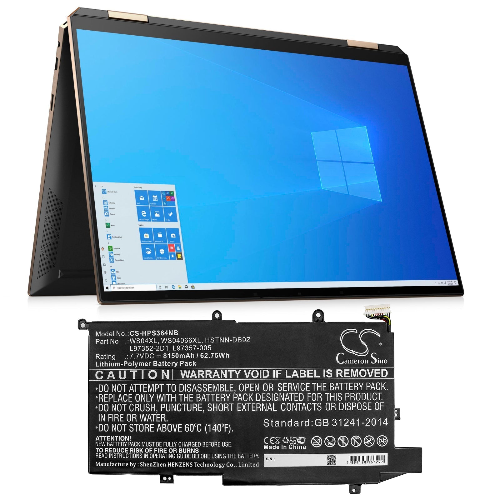 Li-Polymer Battery fits Hp, Spectre X360 14t, Spectre X360 14t-ea000 7.7V, 8150mAh Notebook & Laptop Cameron Sino Technology Limited