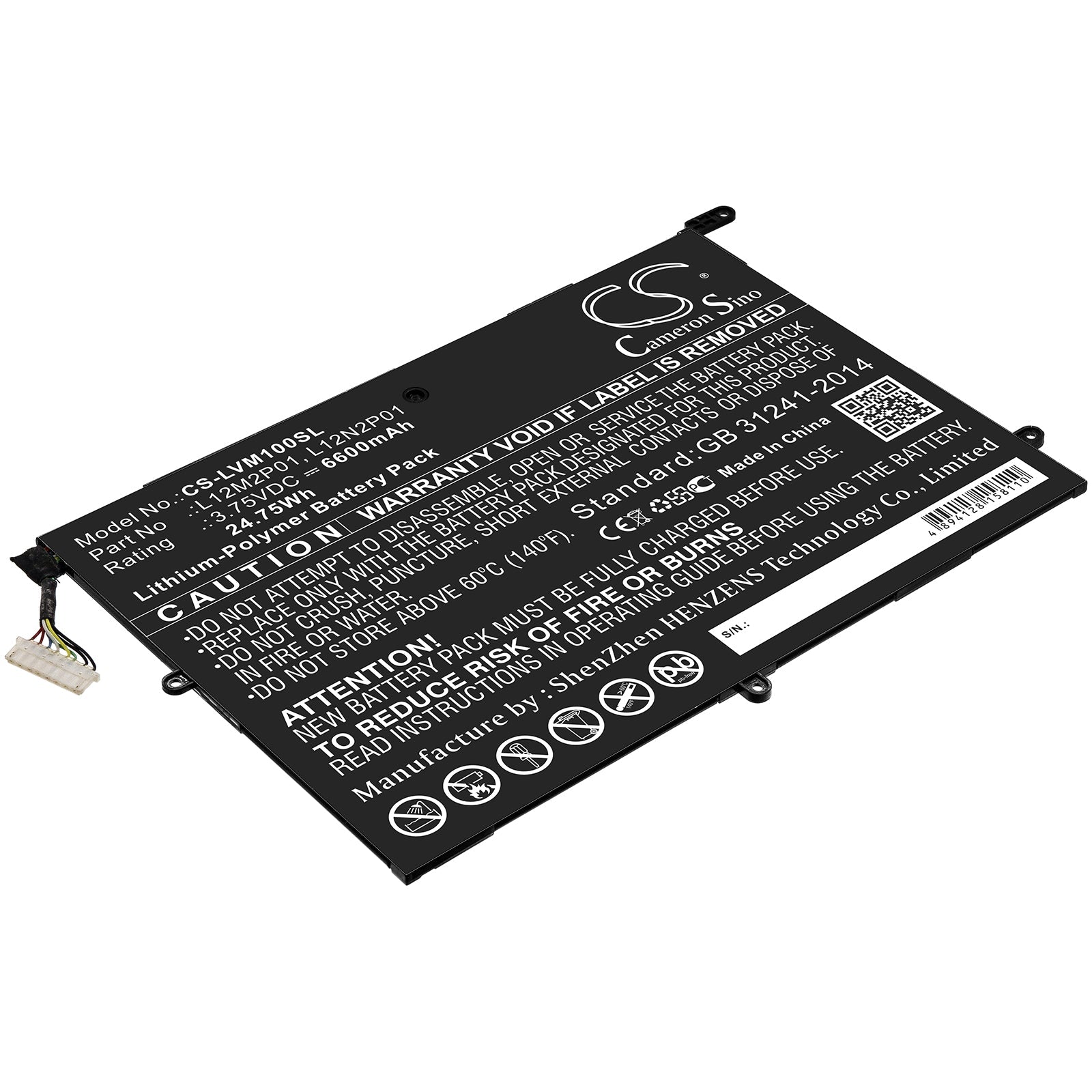 Li-Polymer Battery fits Lenovo, 121500184, 1icp4/83/102-2, 1icp4/83/103-2, L12m2p01, L12n2p01 3.75V, 6600mAh Tablet Cameron Sino Technology Limited
