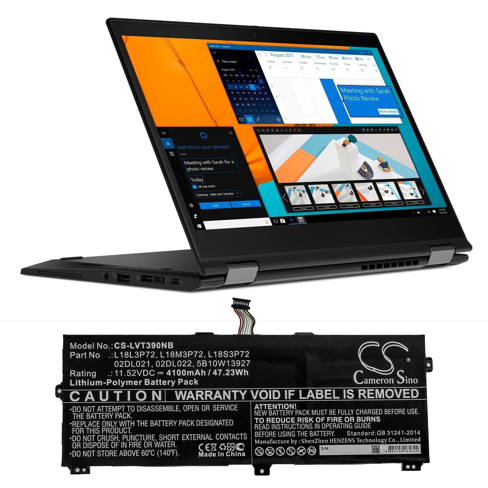 Li-Polymer Battery fits Lenovo, Thinkpad X390 Yoga, Thinkpad X390 Yoga(20nna005cd) 11.52V, 4100mAh Notebook & Laptop Cameron Sino Technology Limited