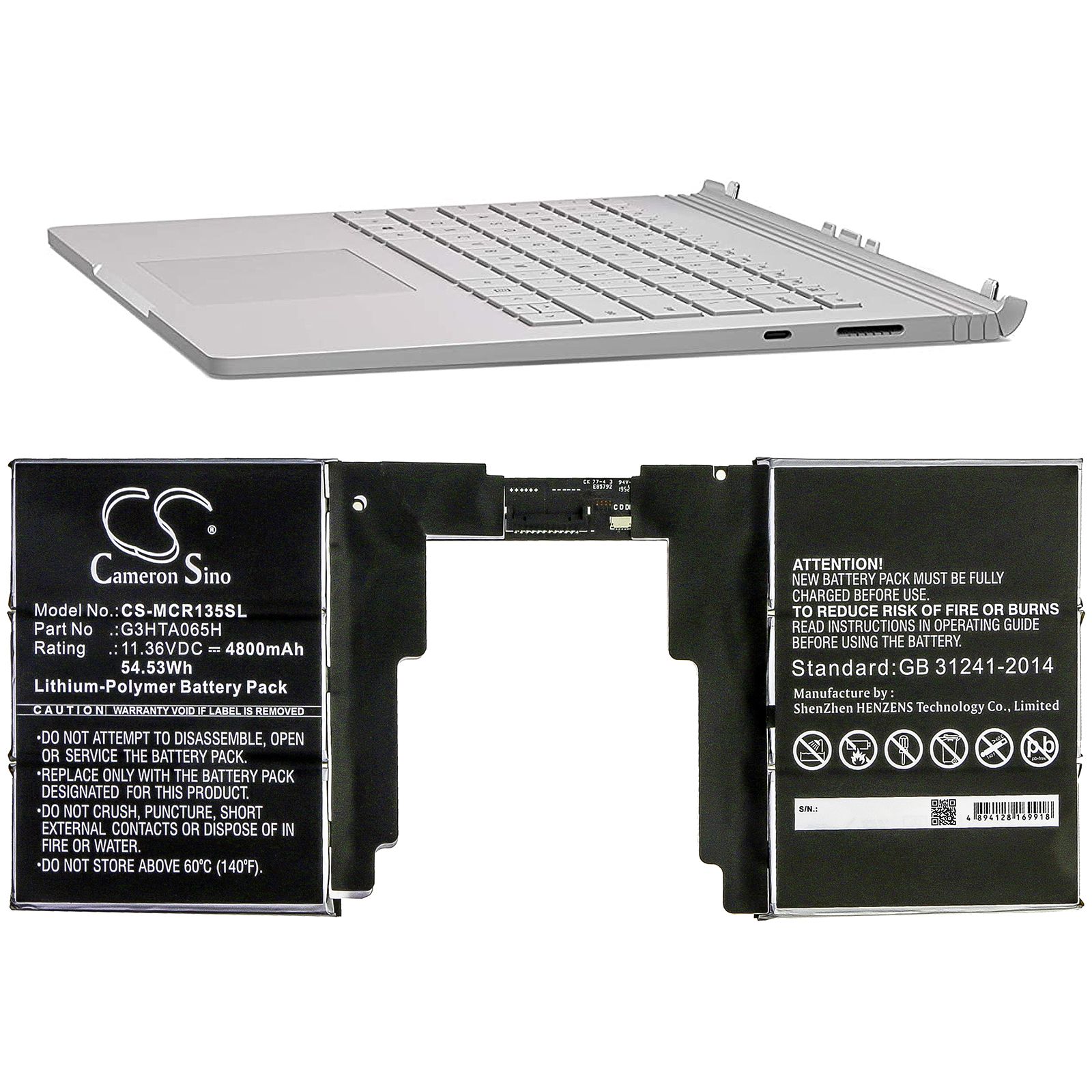 Li-Polymer Battery fits Microsoft, Surface Book 3 13.5 Keyboard 11.36V, 4800mAh Tablet Cameron Sino Technology Limited