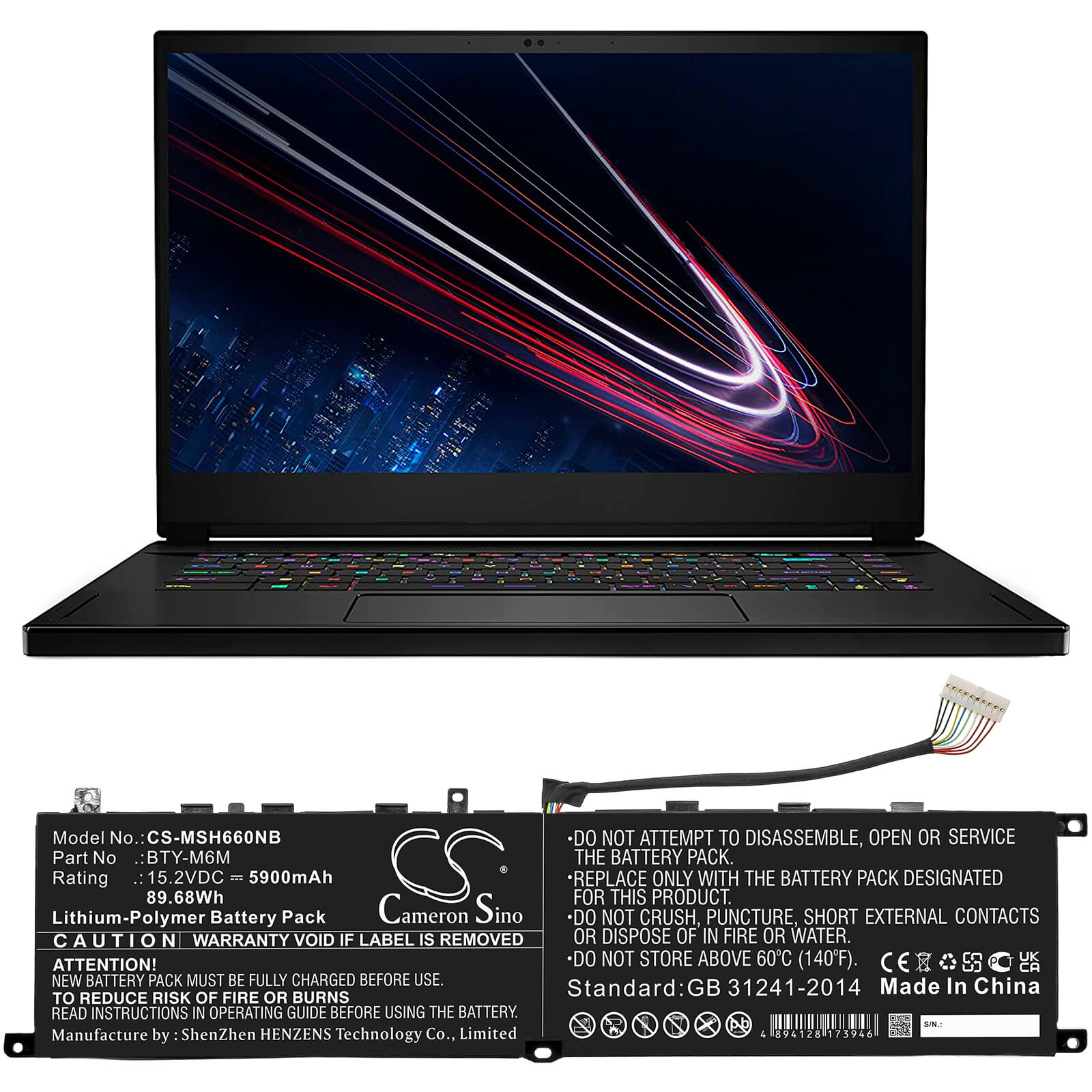 Li-Polymer Battery fits Msi, Creator 15 A10sdt, Creator 15 A10sdt-065es 15.2V, 5900mAh / 89.68Wh Notebook & Laptop Cameron Sino Technology Limited