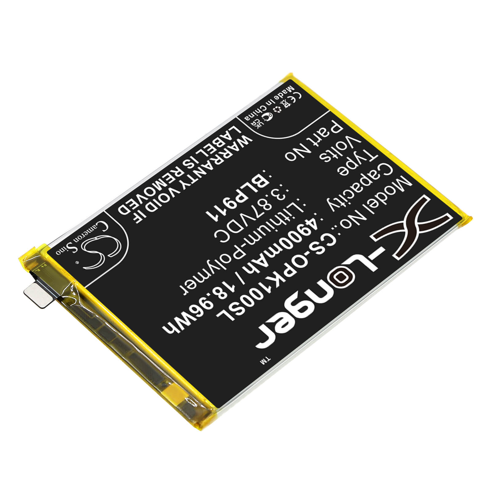 Li - Polymer Battery fits Oppo, Cph2373, K10 3.87V, 4900mAh / 18.96Wh - Batterybuyer.ca