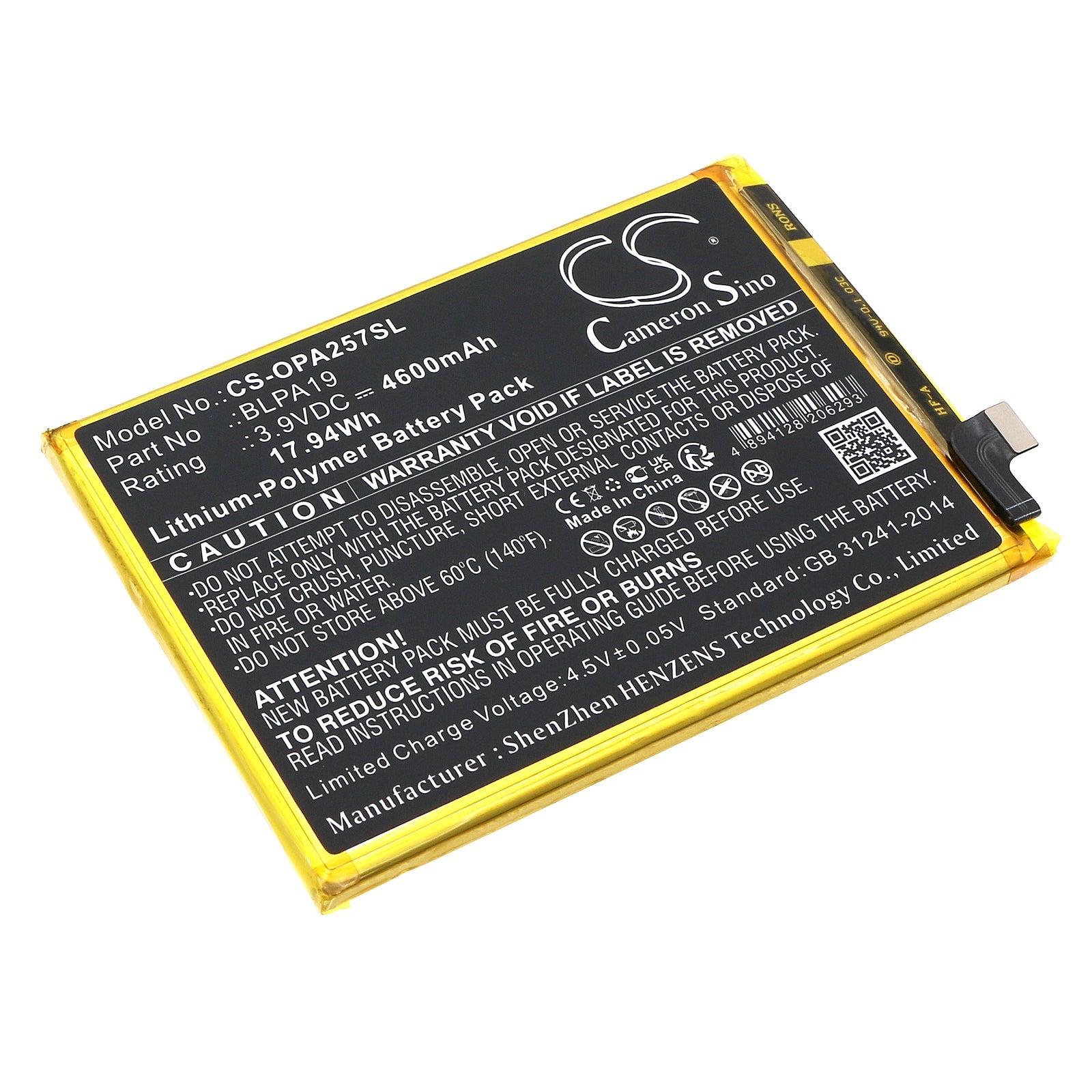 Li-Polymer, Mobile, SmartPhone Battery fits Oppo A58, Cph2577, 3.9V, 4600mAh Mobile, SmartPhone Cameron Sino Technology Limited